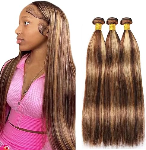 P427 Highlight Blonde Bundles Human Hair Brown Straight 3 Bundles 24 24 24 Inch 
