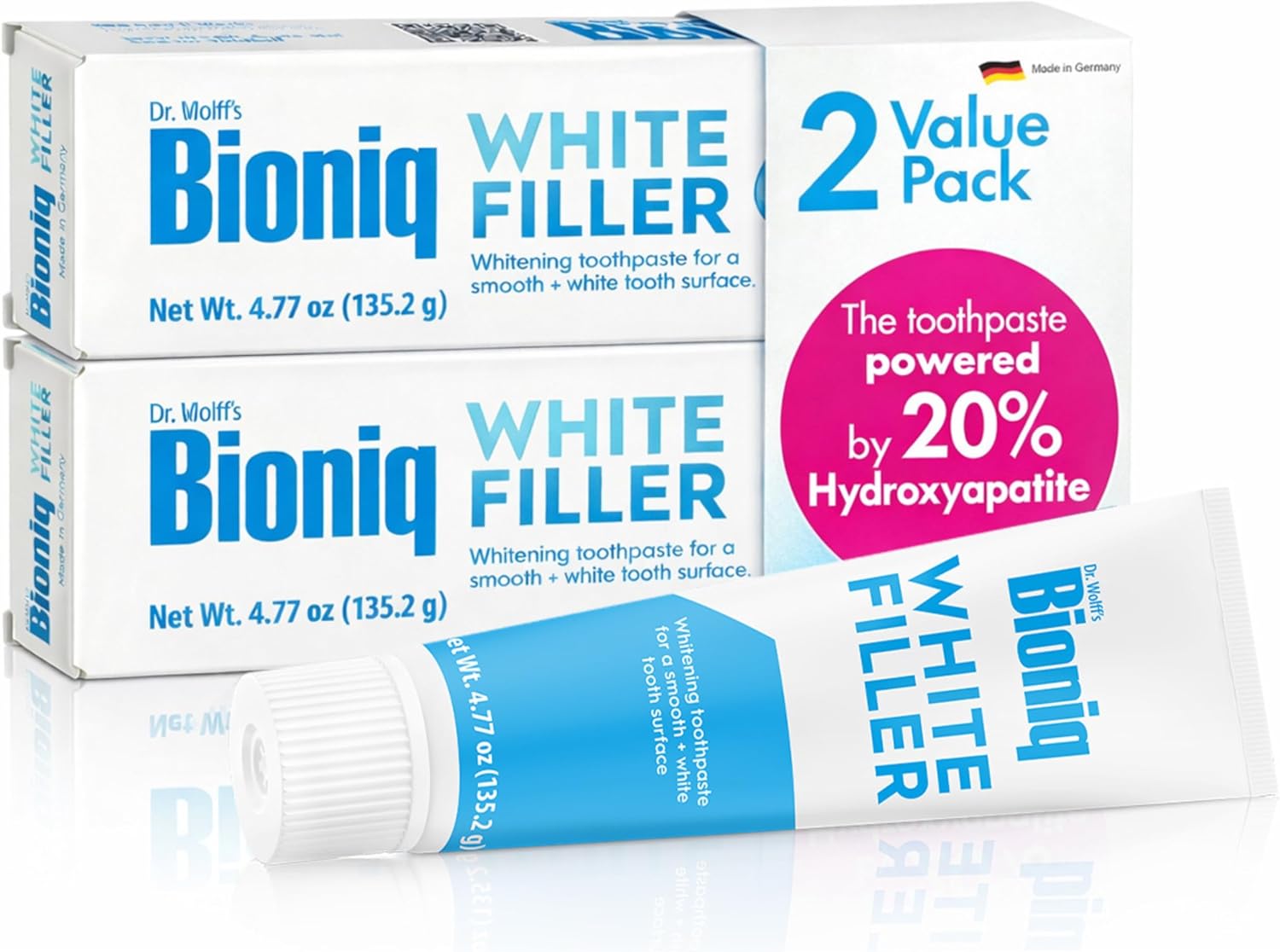 Bioniq White Filler - Whitening Toothpaste with 20% Hydroxyapatite - Contains White bioHAP and Fluoride Free for Daily Use - Mint Flavor - 2 x 4.77 Oz / 100ml