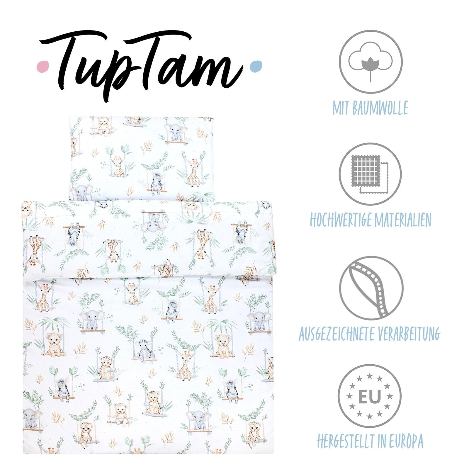TupTam Set di Piumone Fantasia per Bambini Tutte le Stagioni Cuscino Piatto 2 pz., Safari sull'altalena, 135x100 cm