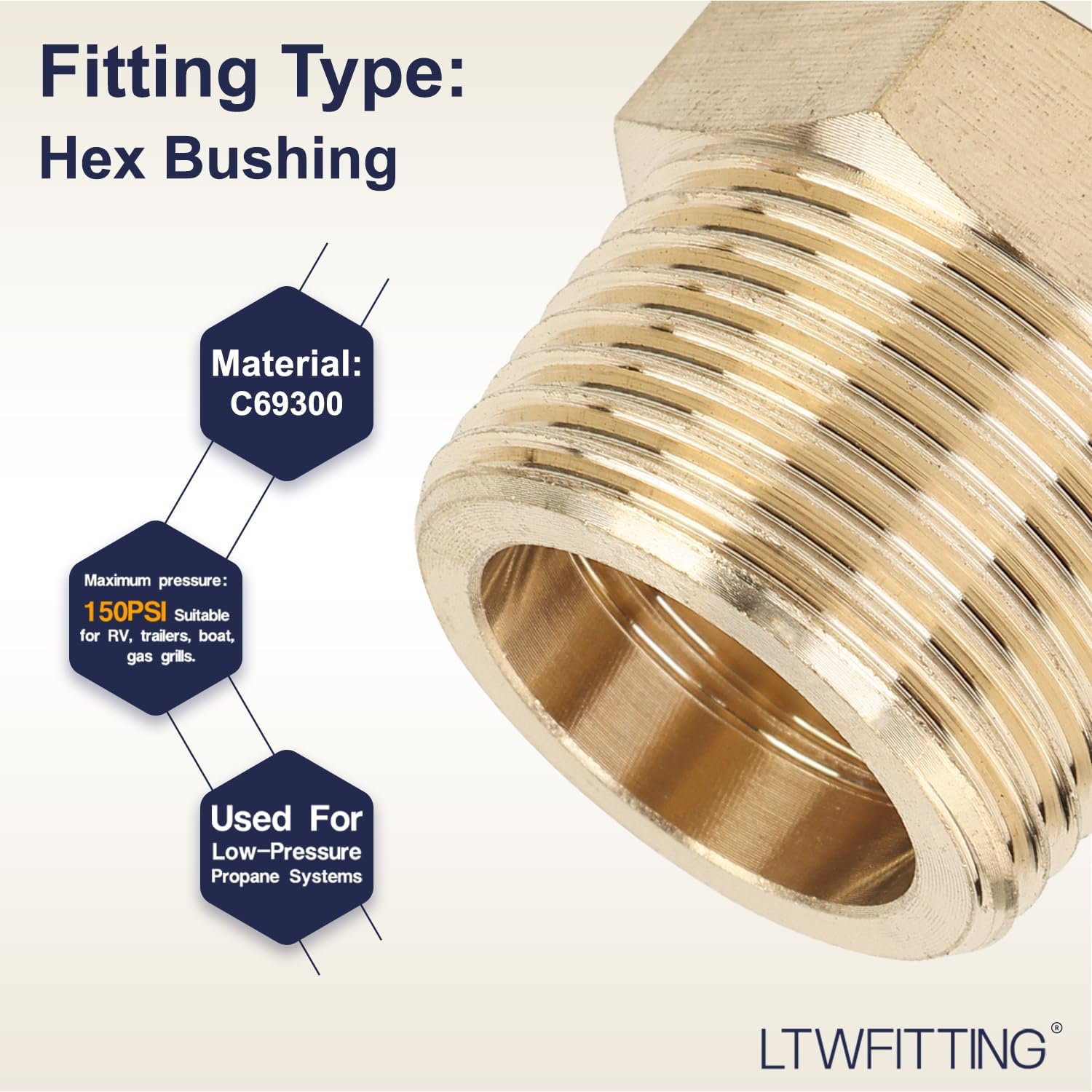 LTWFITTING No Lead Brass Hex Pipe Bushing Reducer Fittings 3/4" Male x 1/2" Female NPT (Pack of 5)