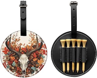 Leaves and A Whitetail Buck Skull Pu Leather Golf Tee Holder Golf Tees Bag Accessories Golf Tee Organizer Storage Bag, 1 Pcs