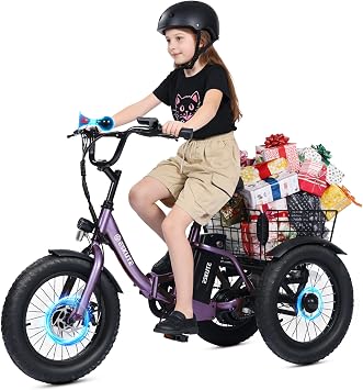 ESKUTE Mini E-Trike Electric Bike, 16X3.0 Fat Tire Folding Trike, 378Wh Battery, Peak 500W Motor, Step-Thru 3 Wheel Electric Bicycle, 12.5MPH Safe Speed, Tricycle for Begginer, Age 6+, Purple