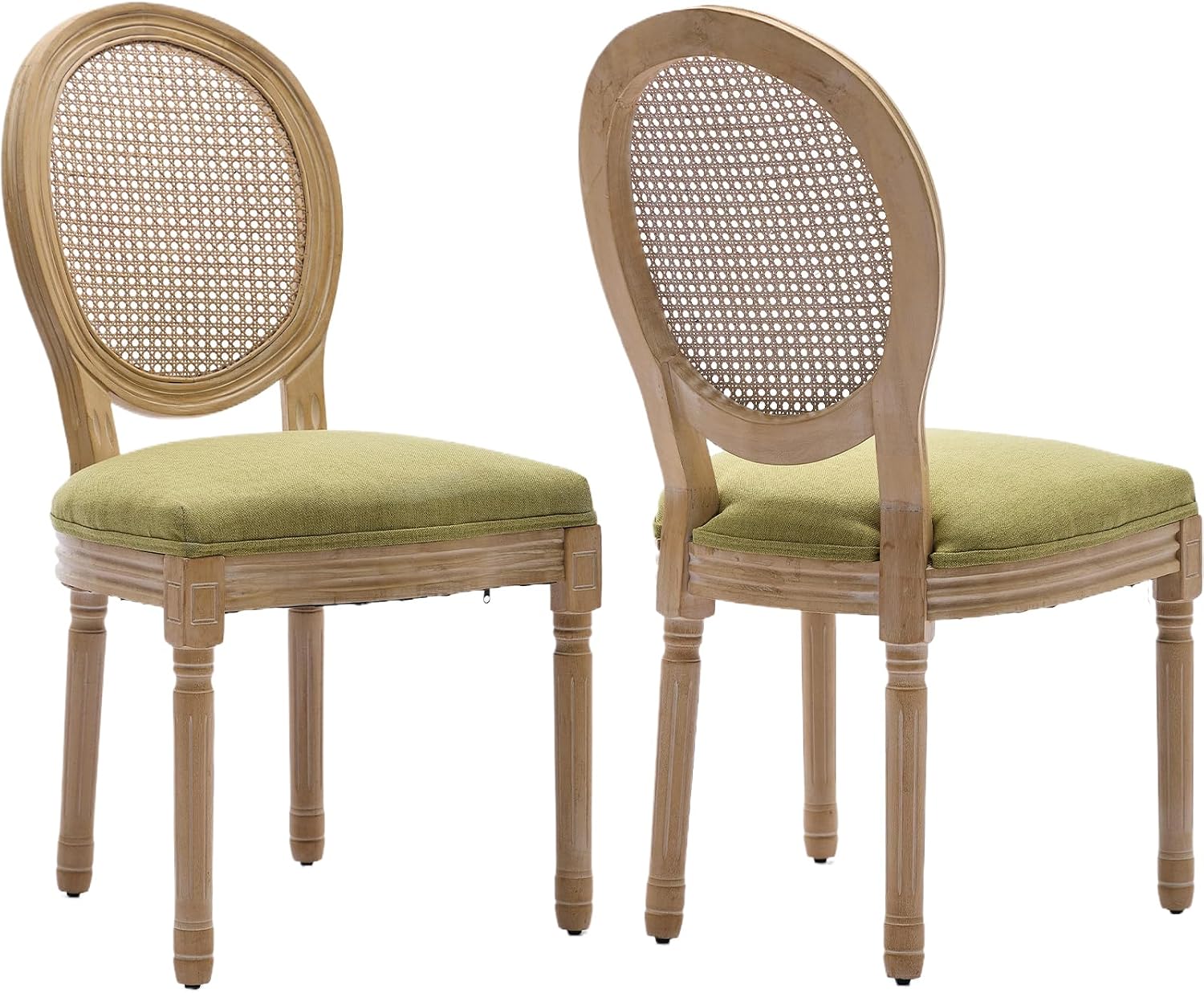 French Country Dining Chairs Set of 2, Olive Cane Back Rattan Dining Chairs with Linen Upholstered Seat, Solid Wood Legs, Farmhouse Kitchen & Dining Room, Sillas De Comedor (Green, 2Pcs)