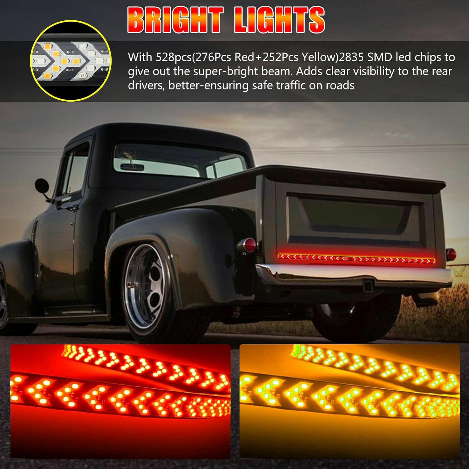 60 Inch Arrow 528smd LED Truck Tailgate Light Bar Strip, Amber Sequential Turn Signal, RED Strobe Warning Brake Light Kit