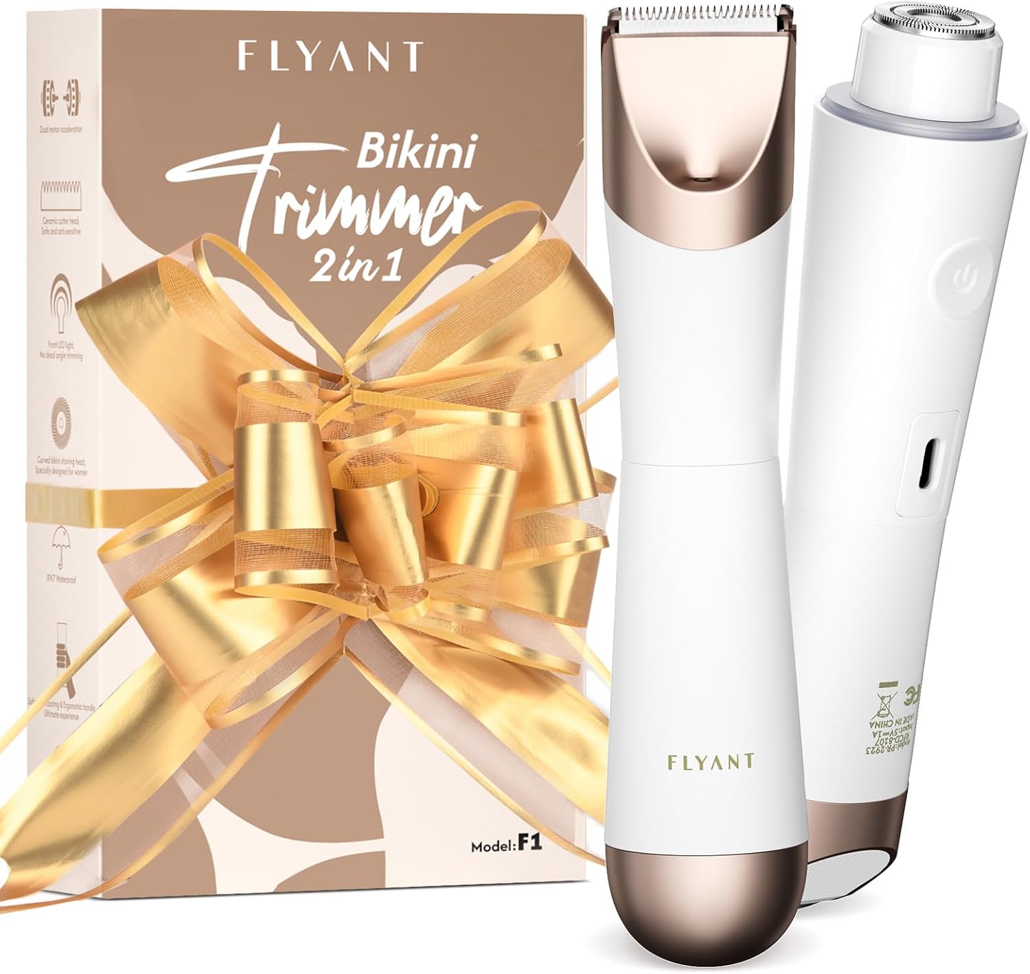 Bikini Trimmer for Women, 2 in 1 Electric Shaver for Women, Pubic Hair Trimmer Waterproof IPX7 with LED, Bikini Razor for Leg Arm Underarm Bikini Area, Pull Bows Gift Box for Friends (Shell White)