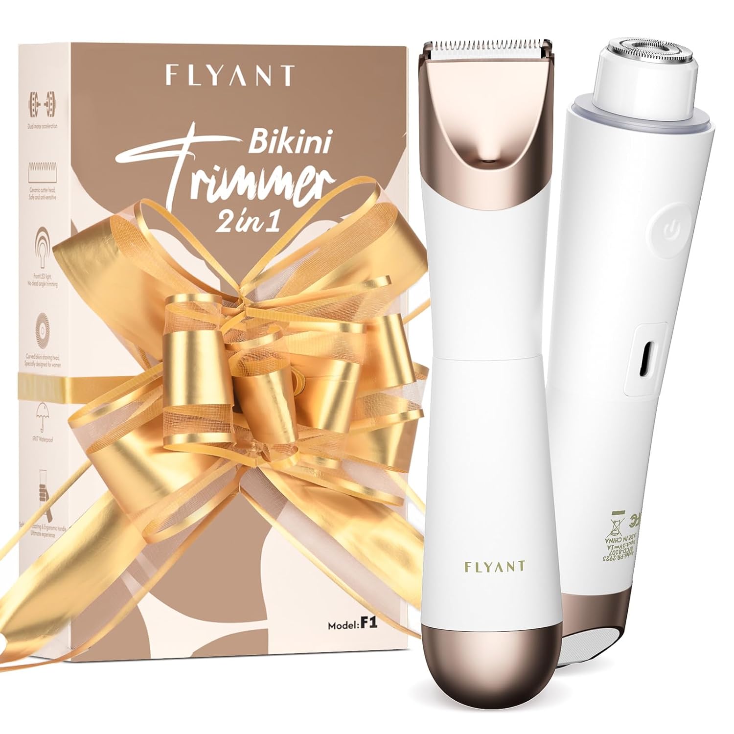 Bikini Trimmer for Women, 2 in 1 Electric Shaver for Women, Pubic Hair Trimmer Waterproof IPX7 with LED, Bikini Razor for Leg Arm Underarm Bikini Area, Pull Bows Gift Box for Friends (Shell White)