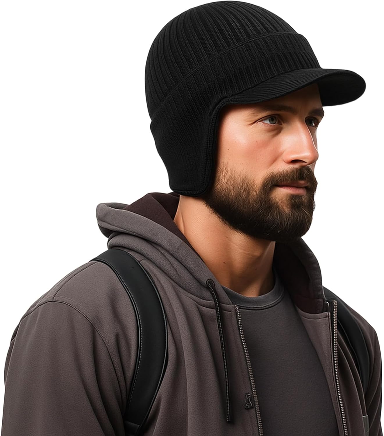 2 Pcs Winter Hats with Brim and Ear Flap Fleece Winter Beanie Hat Outdoor Warm Lined Knit Hat for Men Women - Image 6