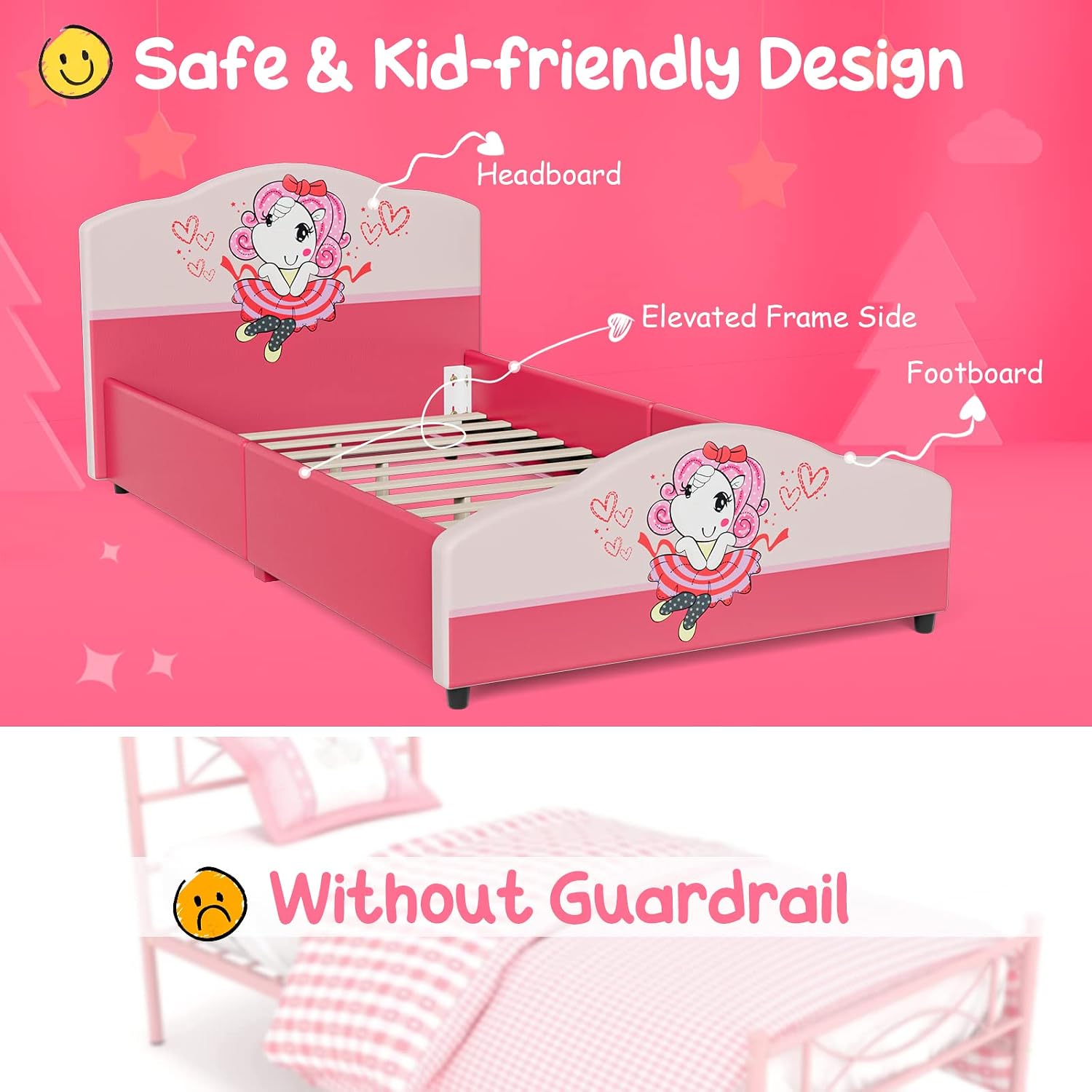 HONEY JOY Twin Bed Frames for Kids, Toddler Wooden Twin Bed Platform w/Headboard & Slat Base, No Box Spring Needed, Children Bedroom Furniture for Boys Girls, Fits Standard Twin Mattress, Girl