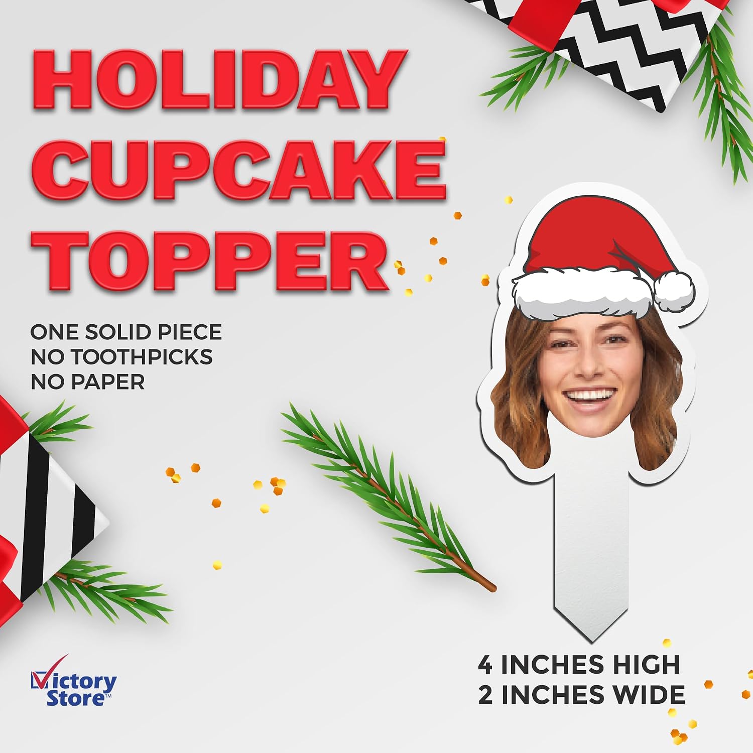 Custom Photo Christmas Cupcake Toppers 2x4 Inches, Solid Plastic, Cake Picks for Holiday Party Decorations (25, Santa Hat)