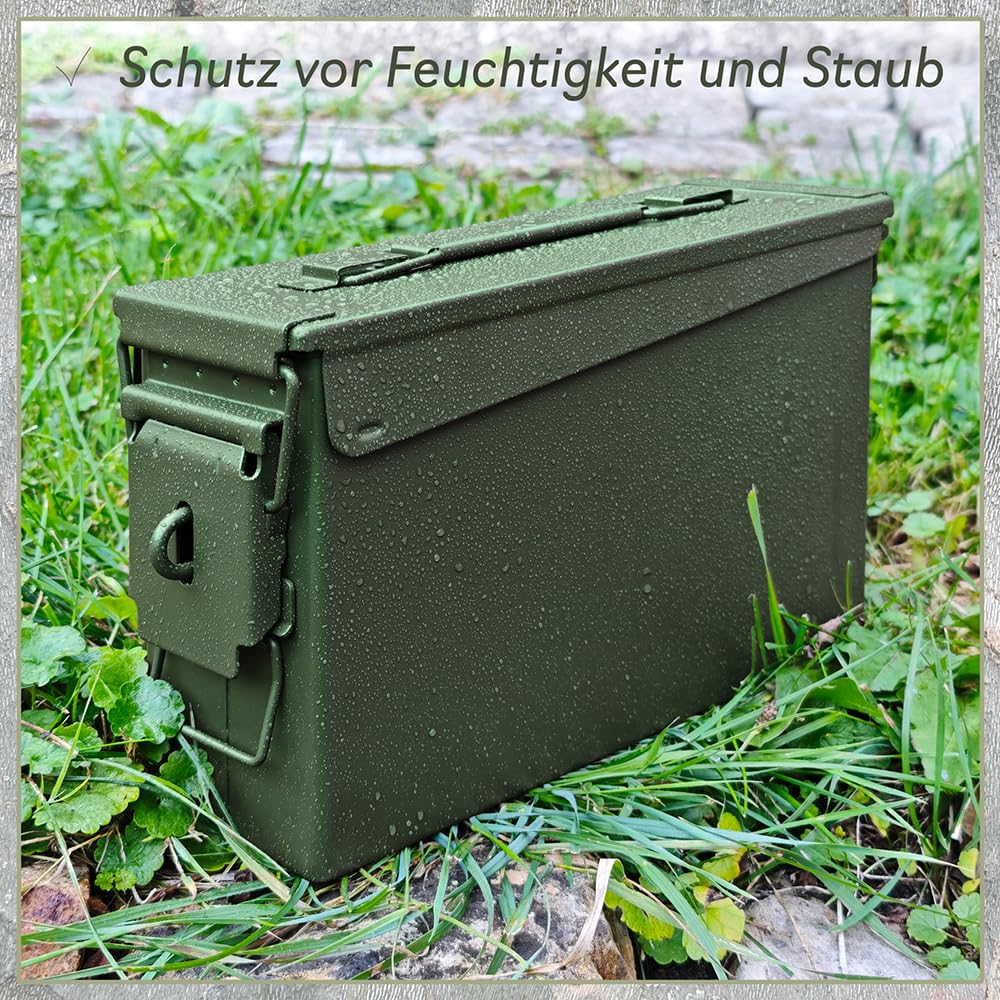 Trucky Ammo - Set di 2 scatole per munizioni, in metallo, con coperchio, 28 x 10 x 18 cm, colore: Verde militare