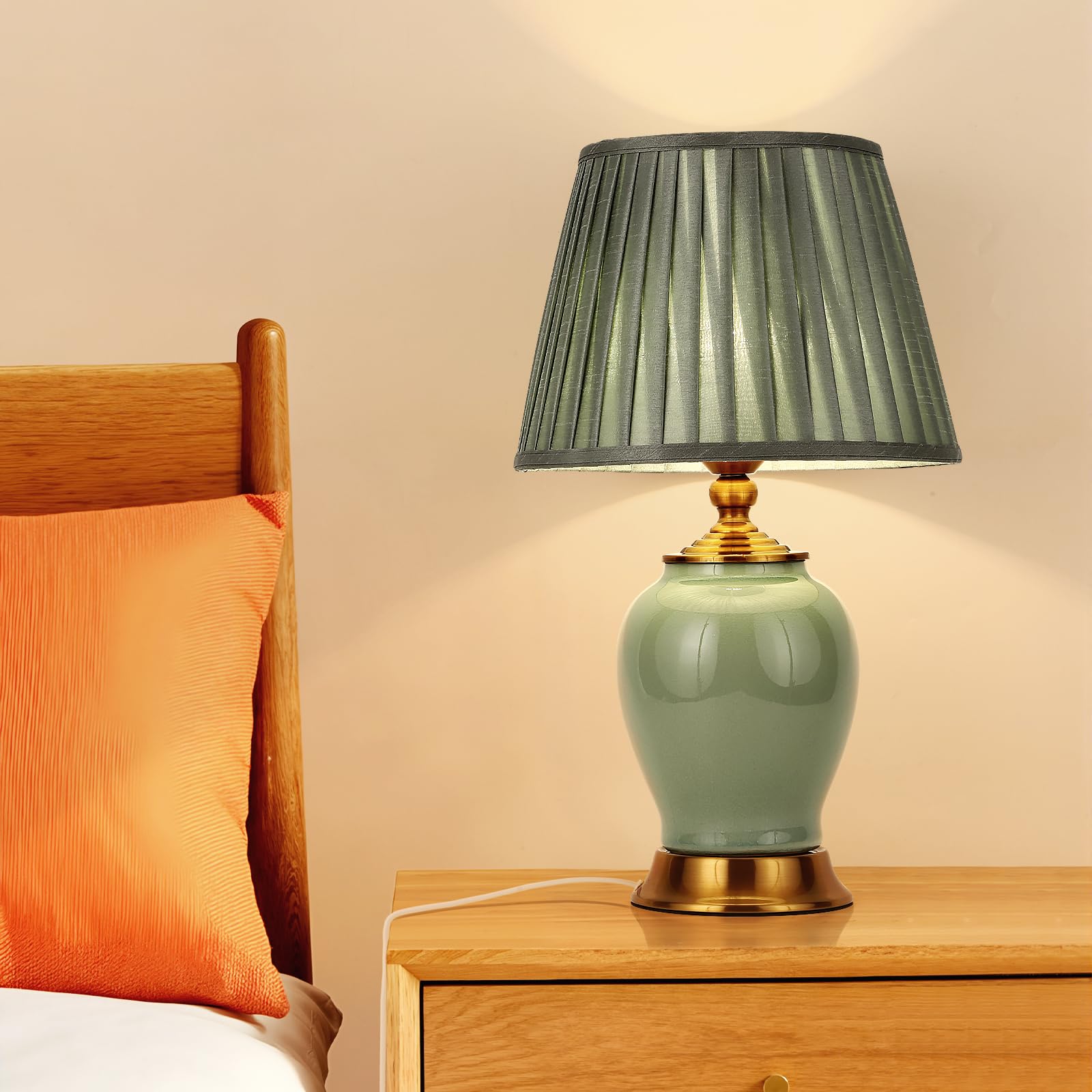 Tischlampe Moderne E27 Nachttisch Lampen, weiße Stoff Lampenschirm Schreibtischlampe, Keramik Nachttisch Lampe Schlafzimmer Dekoration Studie Leselampe, Grün