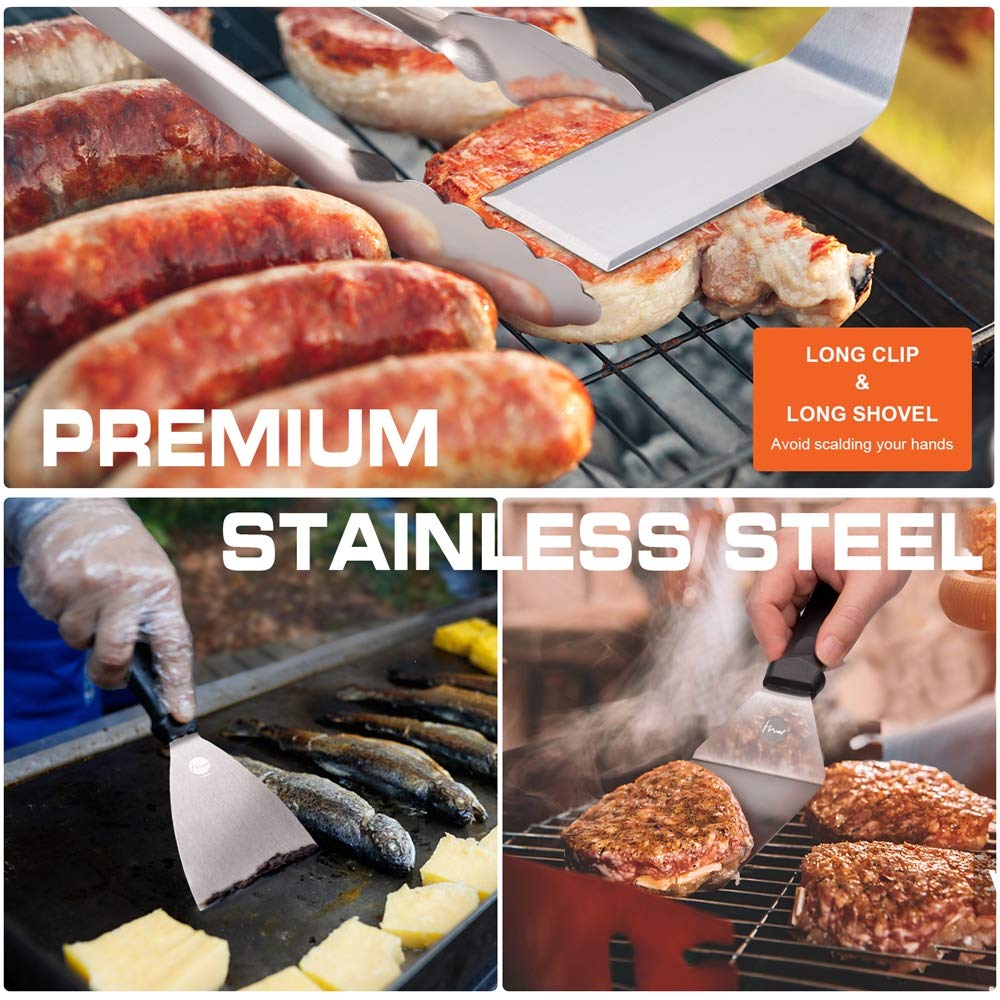 Grillspachtel Set, Edelstahl 9 Pcs Flat-Top-Grillbesteck Set, Profi BBQ Zubehör Grillwender mit Turner-Bürstenflaschen und Tragetasche, Idee für Grillen im Freien, Teppanyaki und Camping