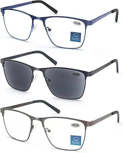 MODFANS Men Reading Glasses Blue Light Blocking Glasses Metal Square Readers Stainless Steel Material Anti EyestrainGlareUV