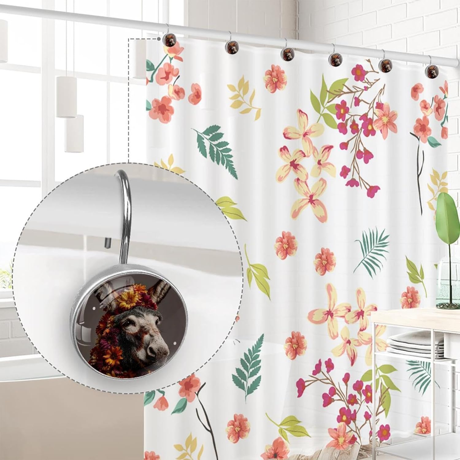 Set of 12 Shower Curtain Hooks, Shower Curtain Rings Crystal Glass Decorative Bathroom Hook, Funny Donkey Flower