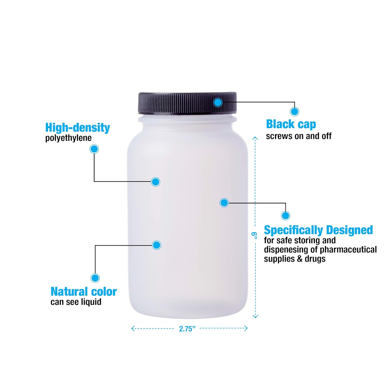 Consolidated Plastics 41676 Pharmaceutical Round Bottle with Cap, HDPE, 500cc., 12 Piece