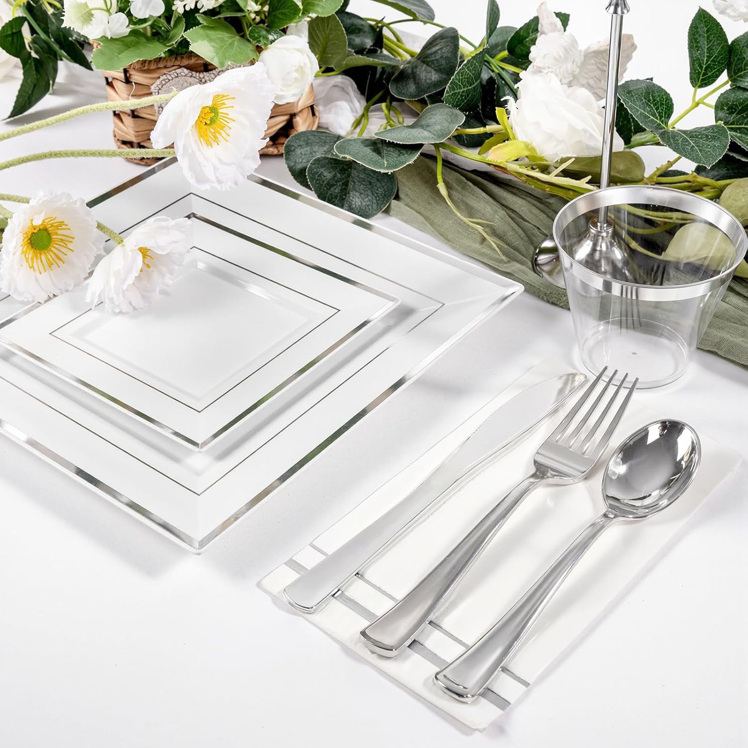Festiva 350Pcs Silver Plates - Silver Square Plastic Plates 9 .5" and 6" - serve for 50 guests include 50 Cups 50Plastic Cutlery 50Hand Napkins Perfect for Party&Wedding&Birthday - Image 7
