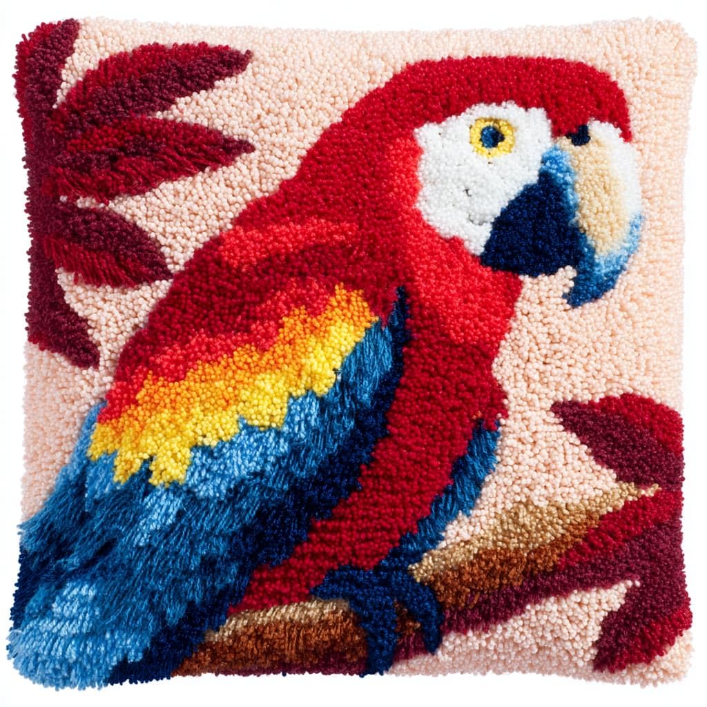 Taxpy Latch Hook Cushion Kits, Parrot on a Branch Pillow Case Rug Cover DIY Needlework Embroidery Kits Handmade Cushion Kit 43x43cm