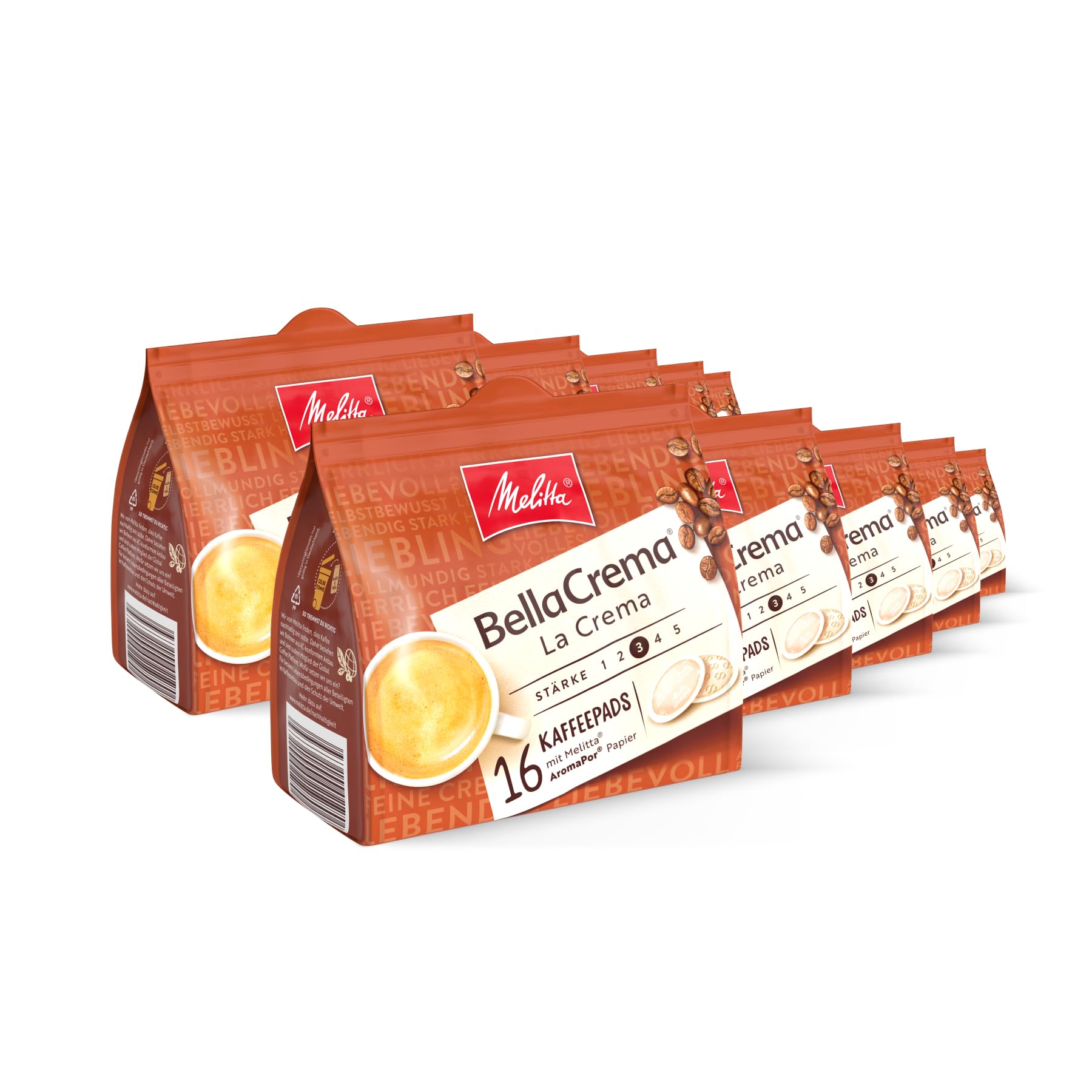 Café tostado molido Melitta en cápsulas de café, 10 x 16 cápsulas, 100 % arábica, suave y armonioso, tostado suave, fuerza 3, BellaCrema