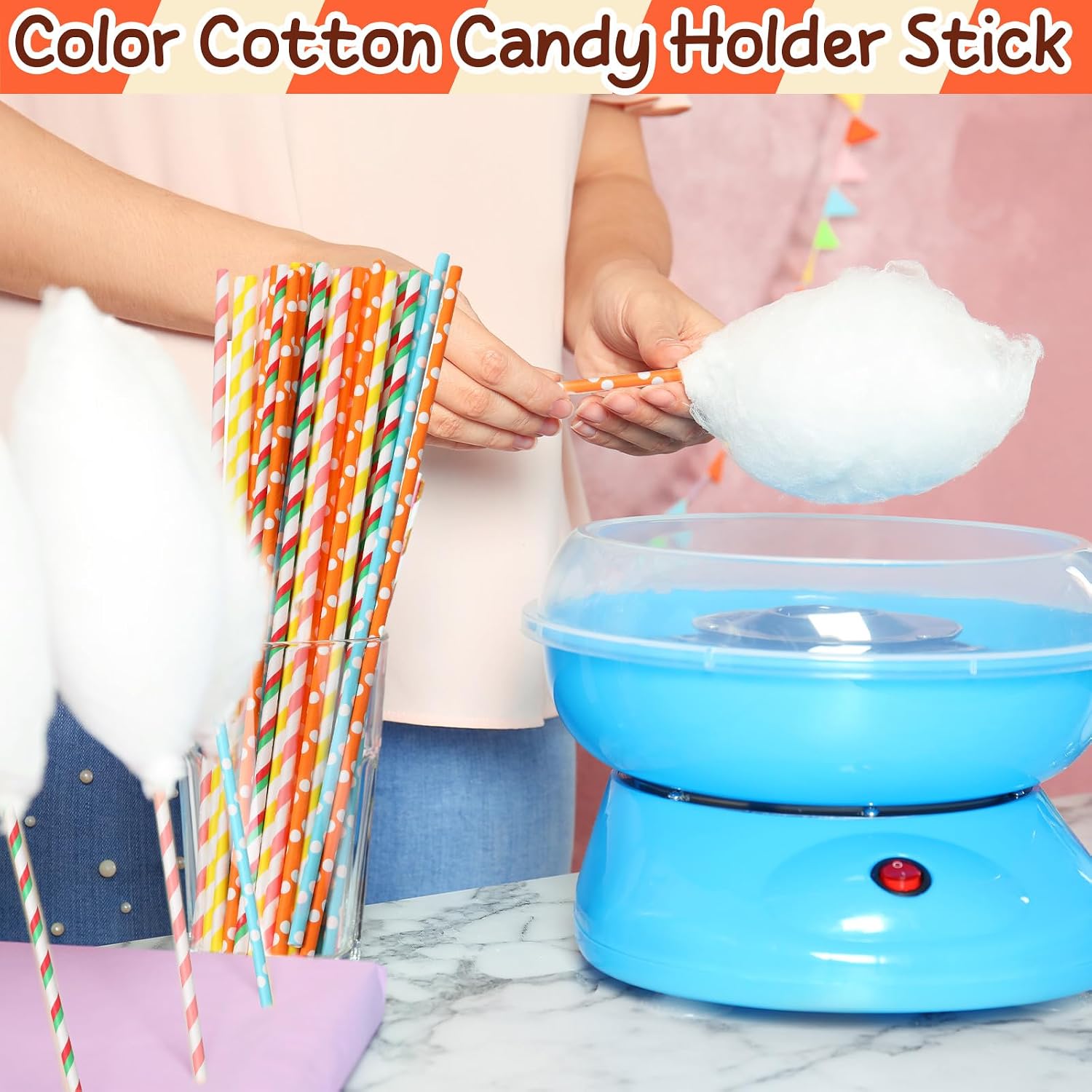 Reallnaive 200 Pieces Cotton Candy Cone 13.8" Cotton Stick, Bright Colors image 3
