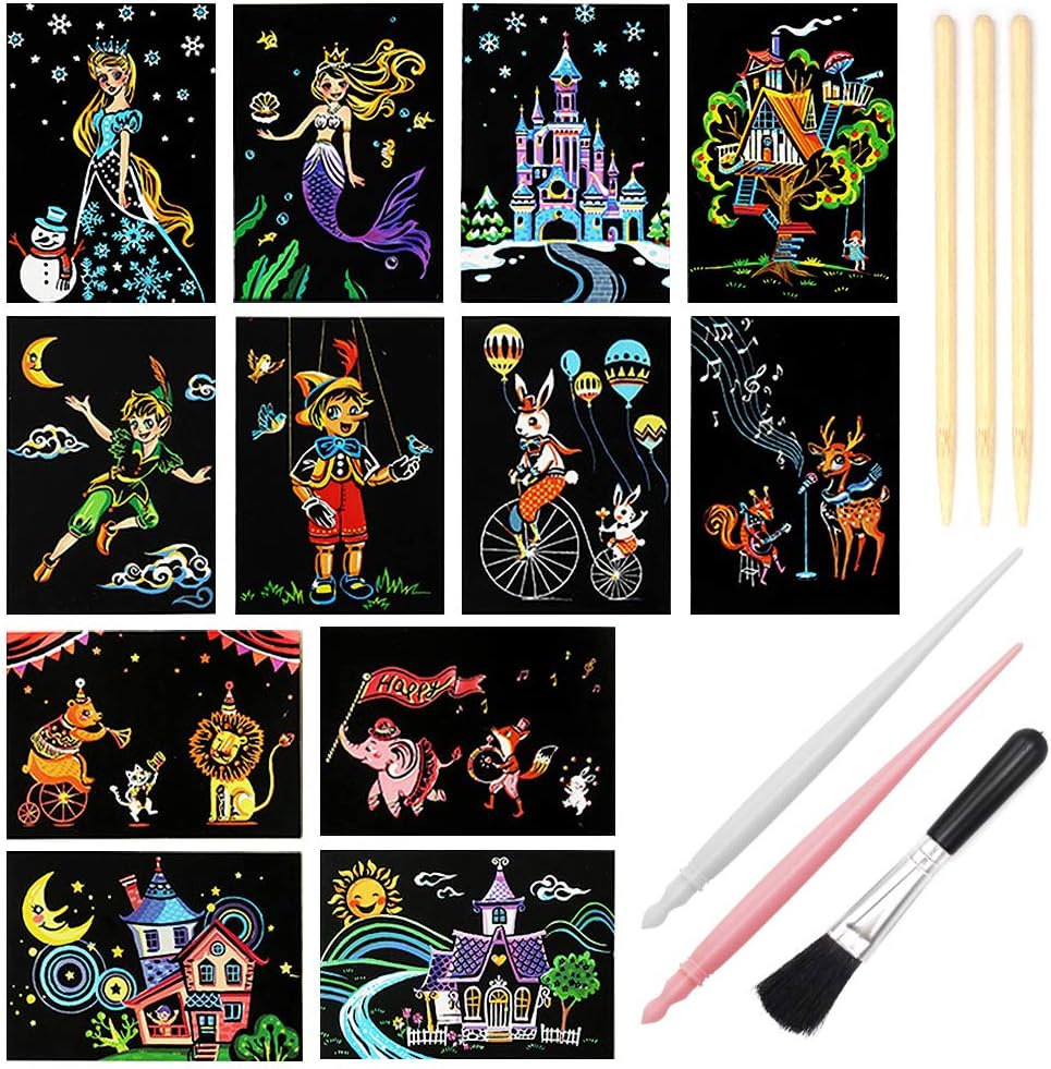 Scratch Art Paper, Rainbow Night View Scratchboard Pads for Adults and Teen, Mini Envelope Postcard Art & Crafts Set: 12 Sheets Scratch Cards & Scratch Drawing Pen, Clean Brush 7.9"x5.5" (Dreamtopia)