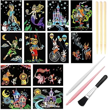 12-Sheet Rainbow Scratch Art Postcards for Adults & Teens, Printed Designs