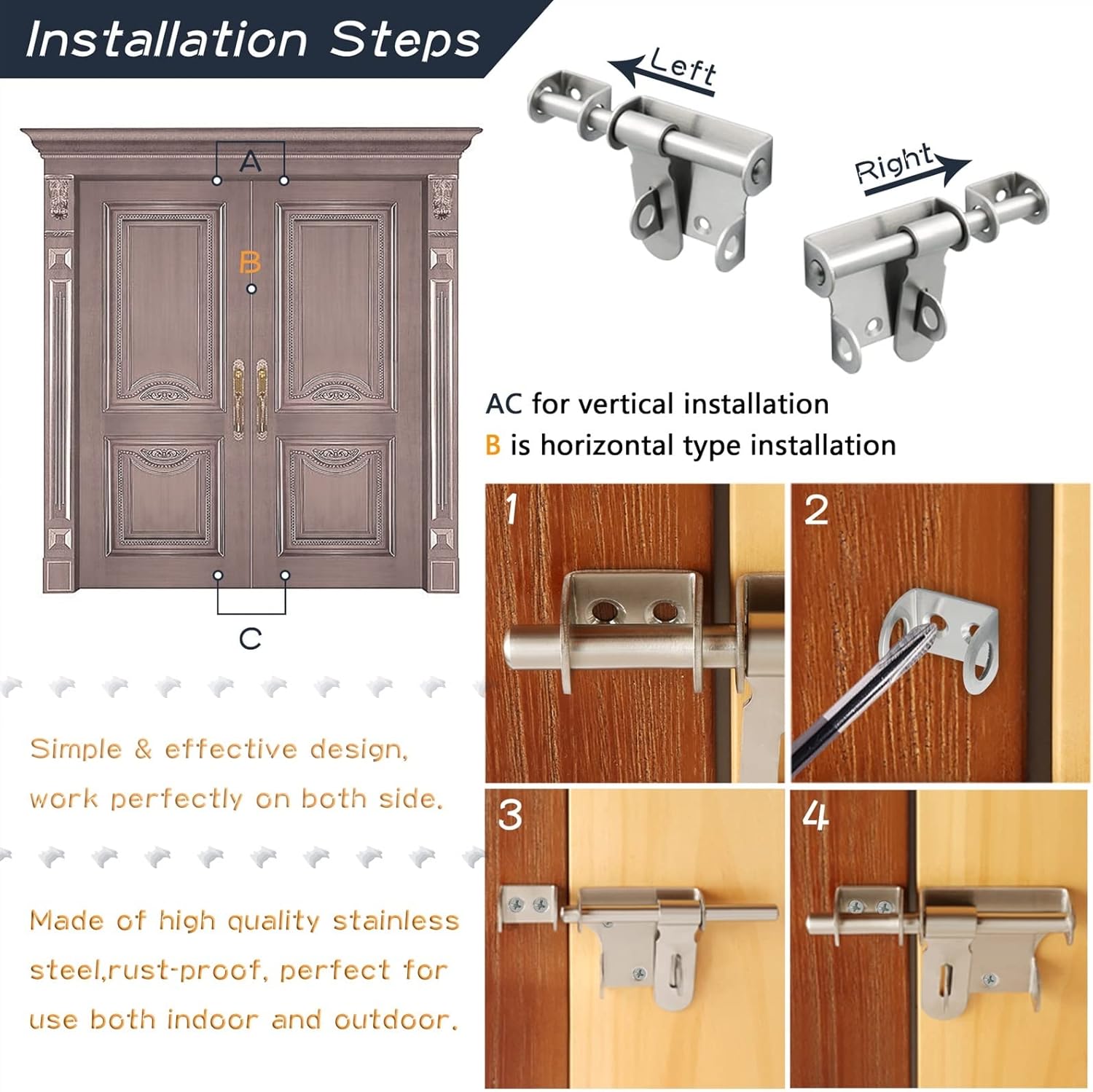 Latch Bolt Lock, Gate Locks for Wooden Garden Shed Locks,6-Inch Stainless Steel Latch Lock Brushed Hardware 1Pcs(120mm bar)