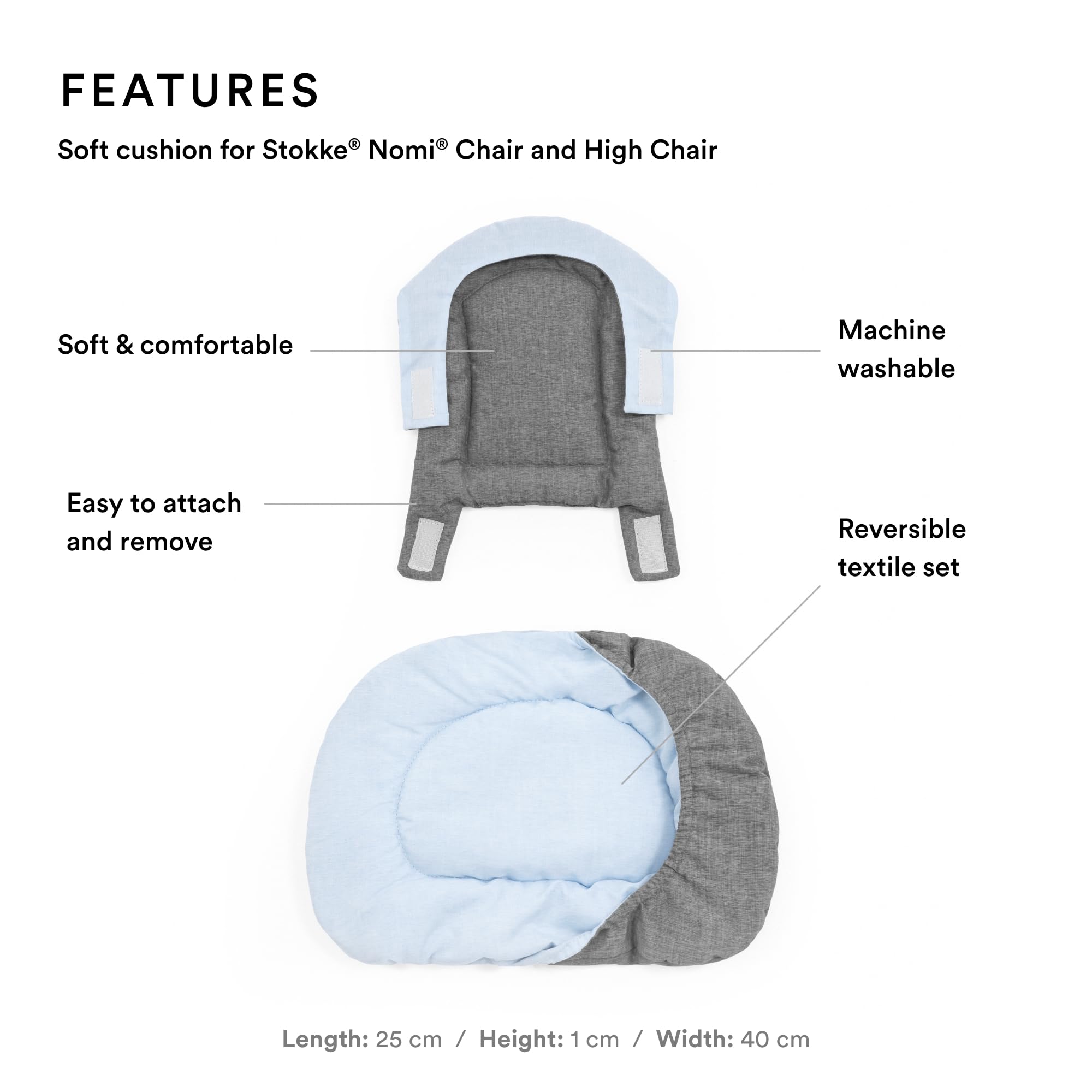 Stokke Nomi Cushion, Grey Blue, Adds Softness & Comfort to The Nomi Chair & High Chair, Easy to Attach & Remove - Image 3