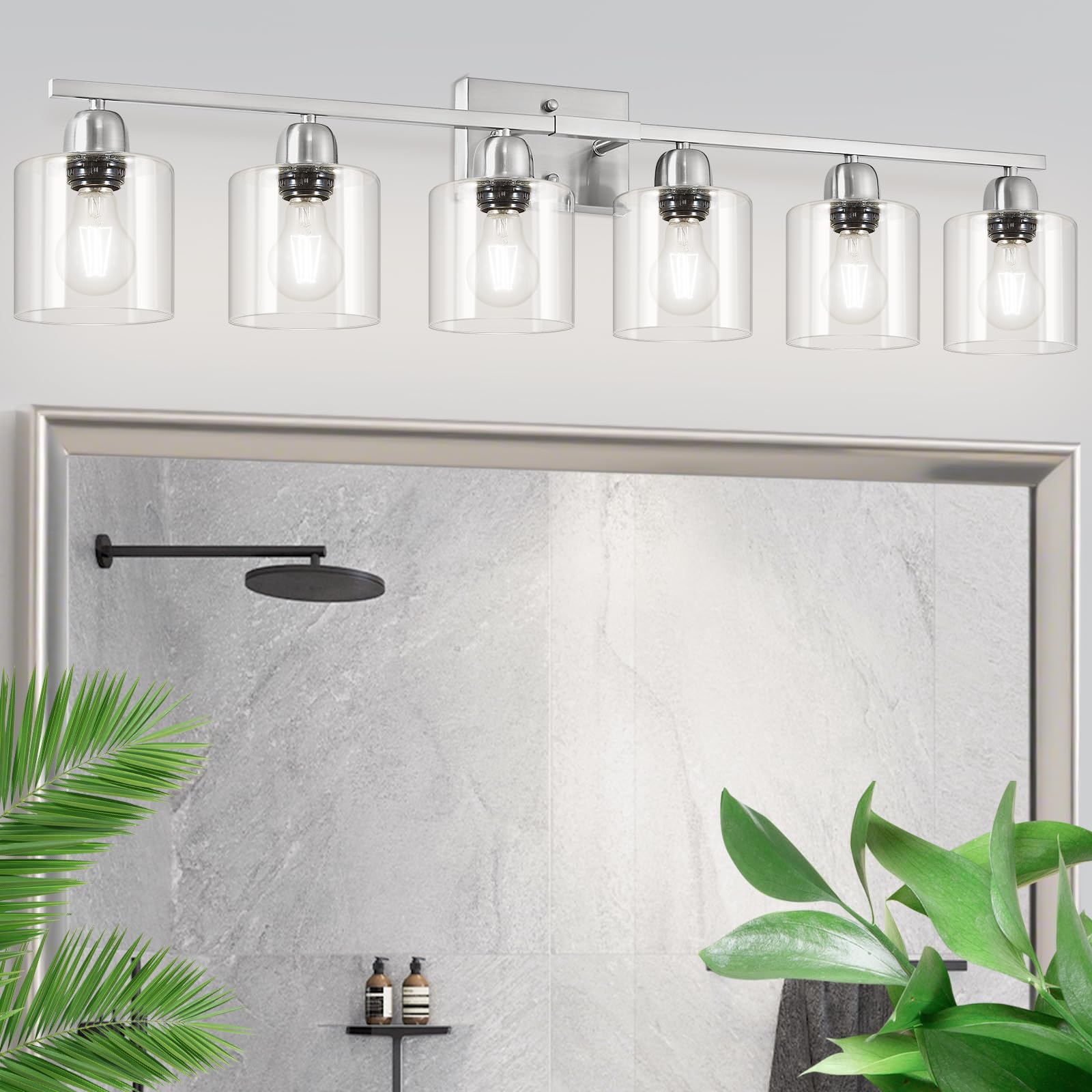 FAISHILAN Brushed Nickel Vanity Light, 6 Light Bathroom Lighting Fixtures Over Mirror with Clear Glass, 38 inch Bathroom Light for Oversized Mirrors, E26 Socket