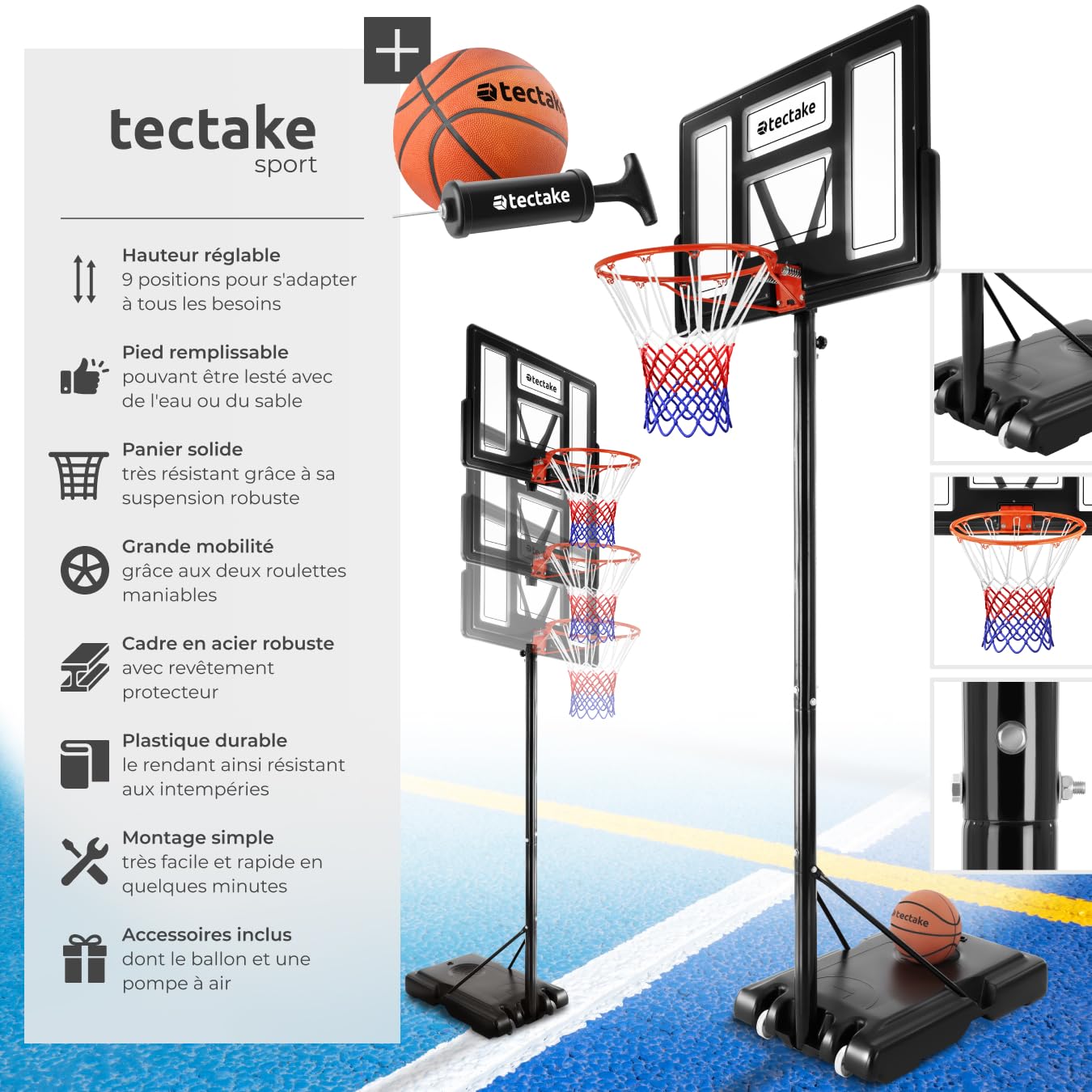 tectake® Panier de Basket Exterieur sur Pied pour Enfants & Adultes, Hauteur Réglable idéal pour Sport Enfants Jeu au Ballon de Basket