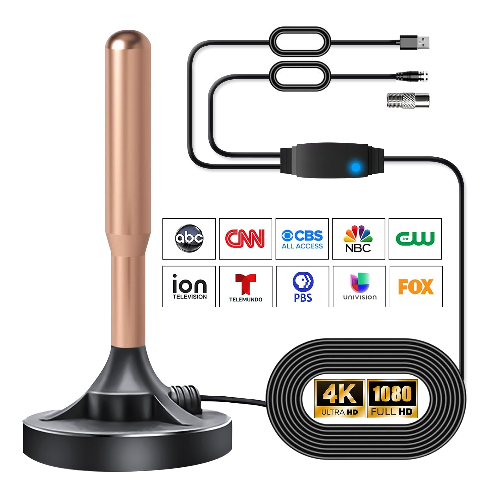 2025 TV Antenna Indoor & Outdoor for Smart TV Local Channels, Up to 550 Miles Range Signal Amplifier 4K Ultra HD, 1080P Full HD Supported, with 16ft HD Cable & AC Adapter