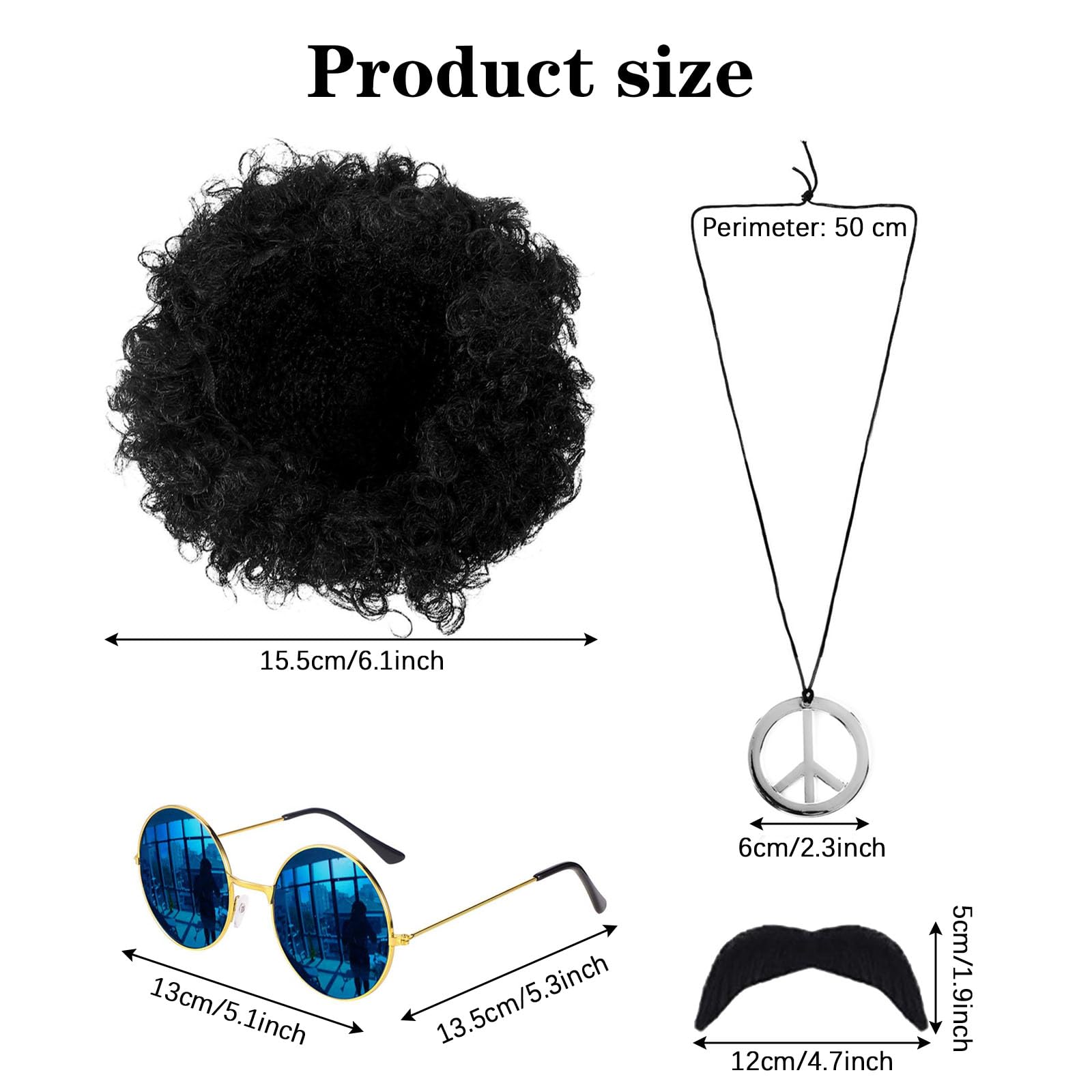 GWAWG 4Pcs Retro Hippie Costume Set, 60s 70s Disco Fever Accessories, Afro Wig, Sunglasses, Peace Sign Necklace & Moustache - Image 3