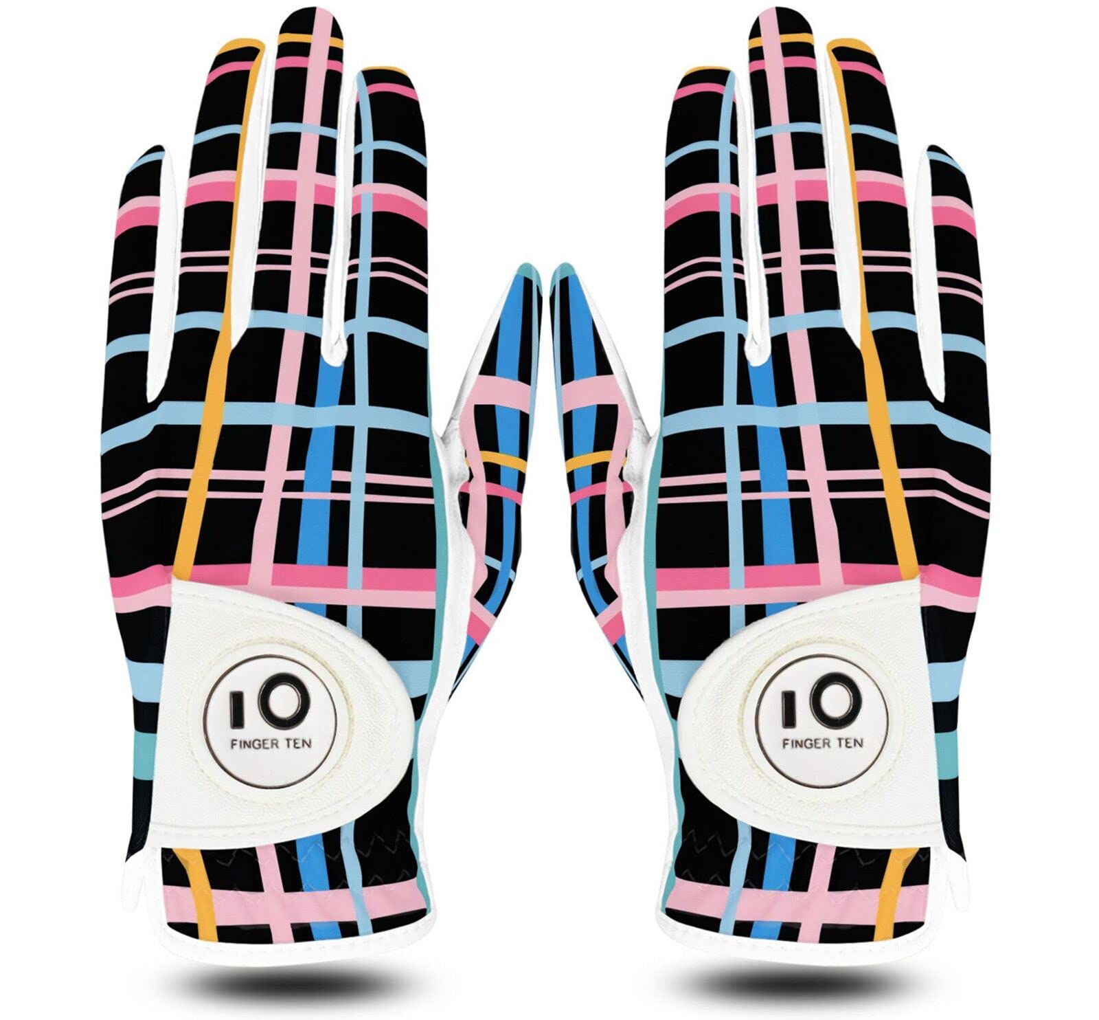 FINGER TEN Golf Gloves Ladies Pair for Left and Right Hand Leather,Golf Gloves for Women Weathersof Comfortable (Multicolor, Medium)
