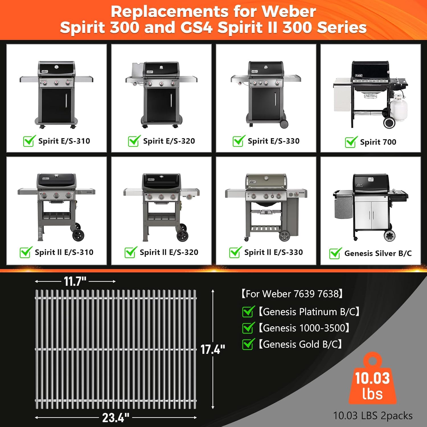 QuliMetal SUS304 Grill Grates for Weber Spirit E-310 and GS4 Spirit II 300 Series, Spirit 700, Genesis Silver B & C, Genesis Gold B & C, Genesis Platinum B & C, Genesis 1000-3500 7MM 304 Stainless Steel