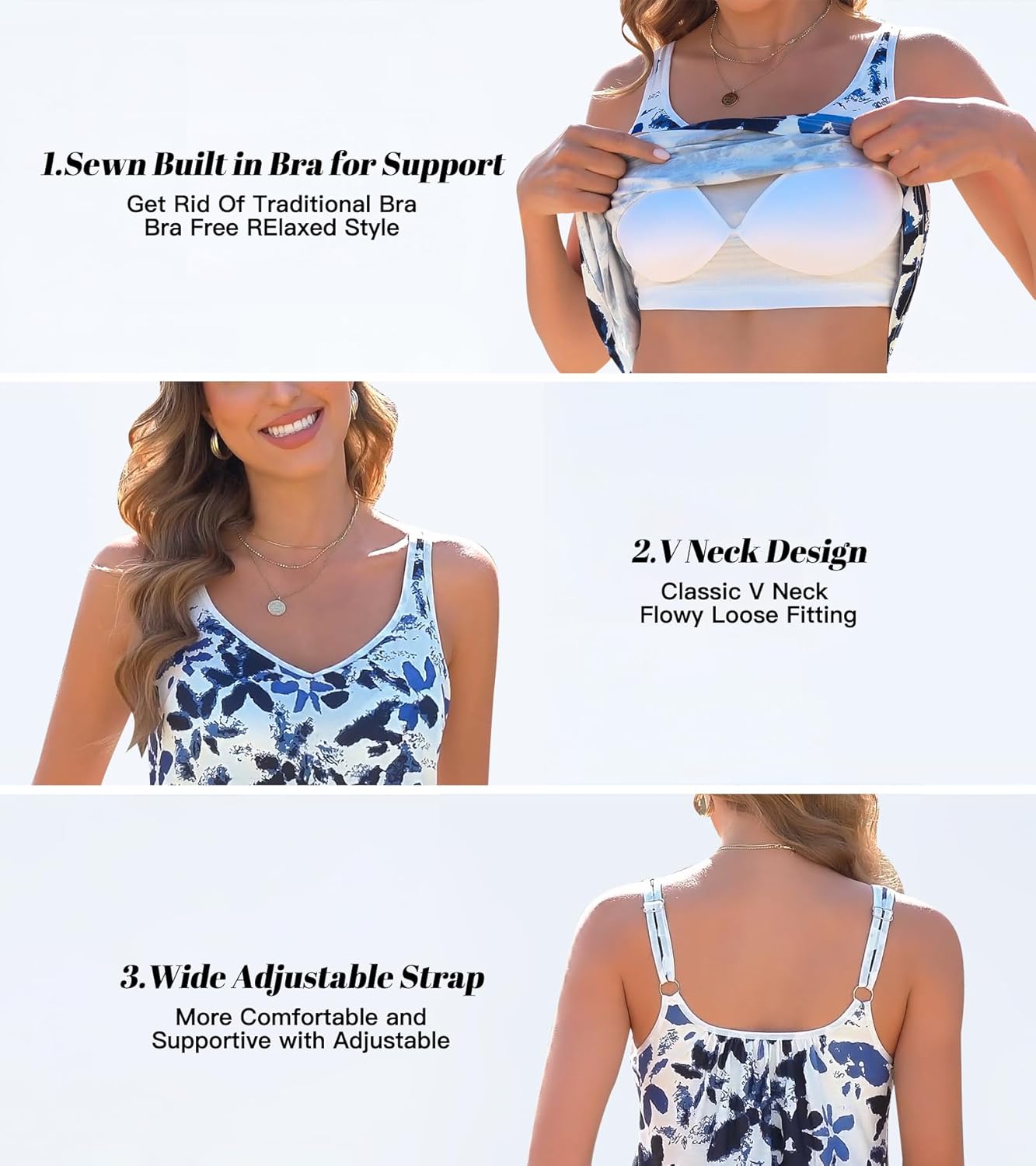ANYFITTING V Neck Tank Top with Built in Bras Wide Strap Loose Fitting Flowy Summer Sleeveless Shirt - Image 3