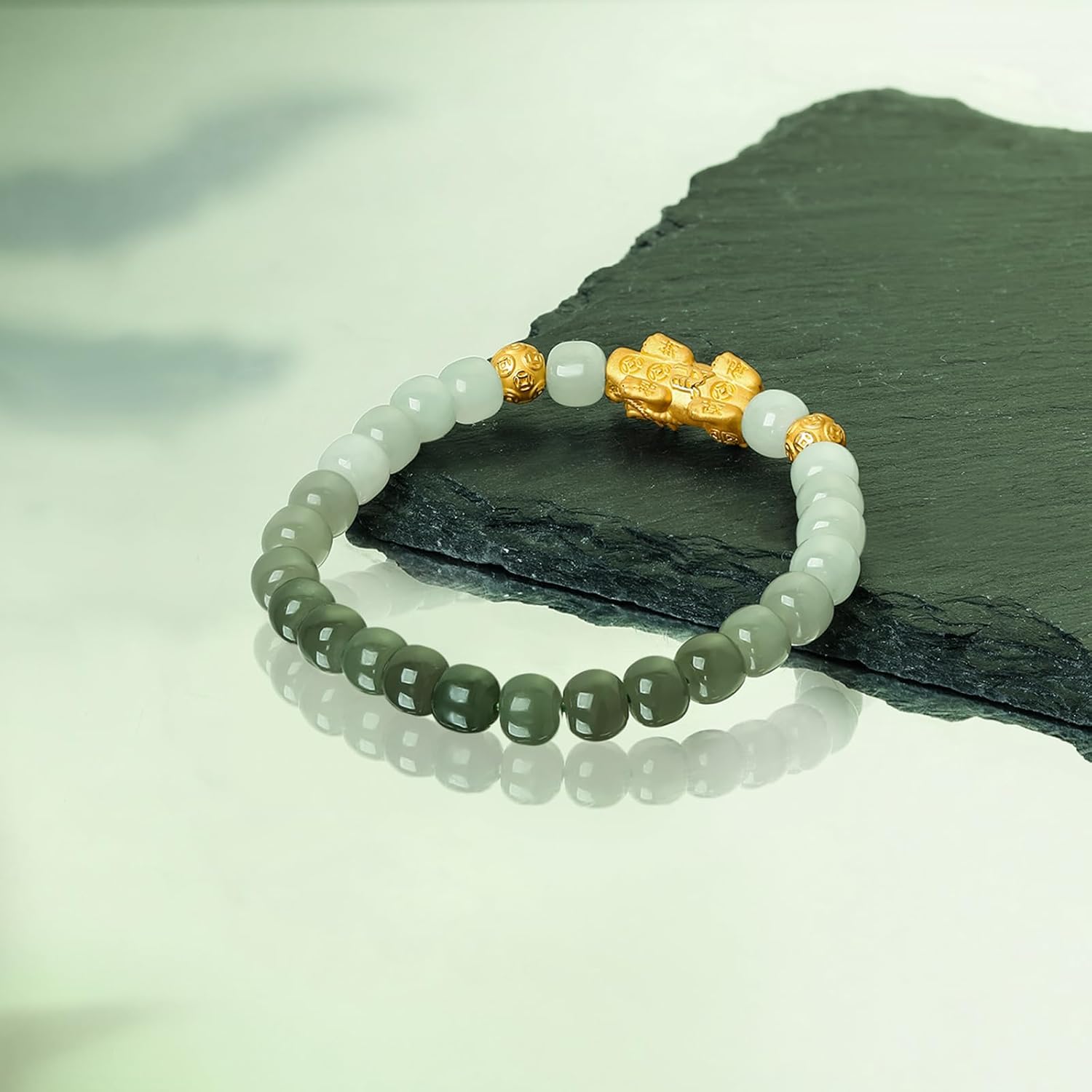 24K Solid Gold Feng Shui Bracelets Real Pure Gold Pixiu Beaded Bracelet Hetian Green Jade Dainty Jewelry for Women Her Mom Anniversary Birthday