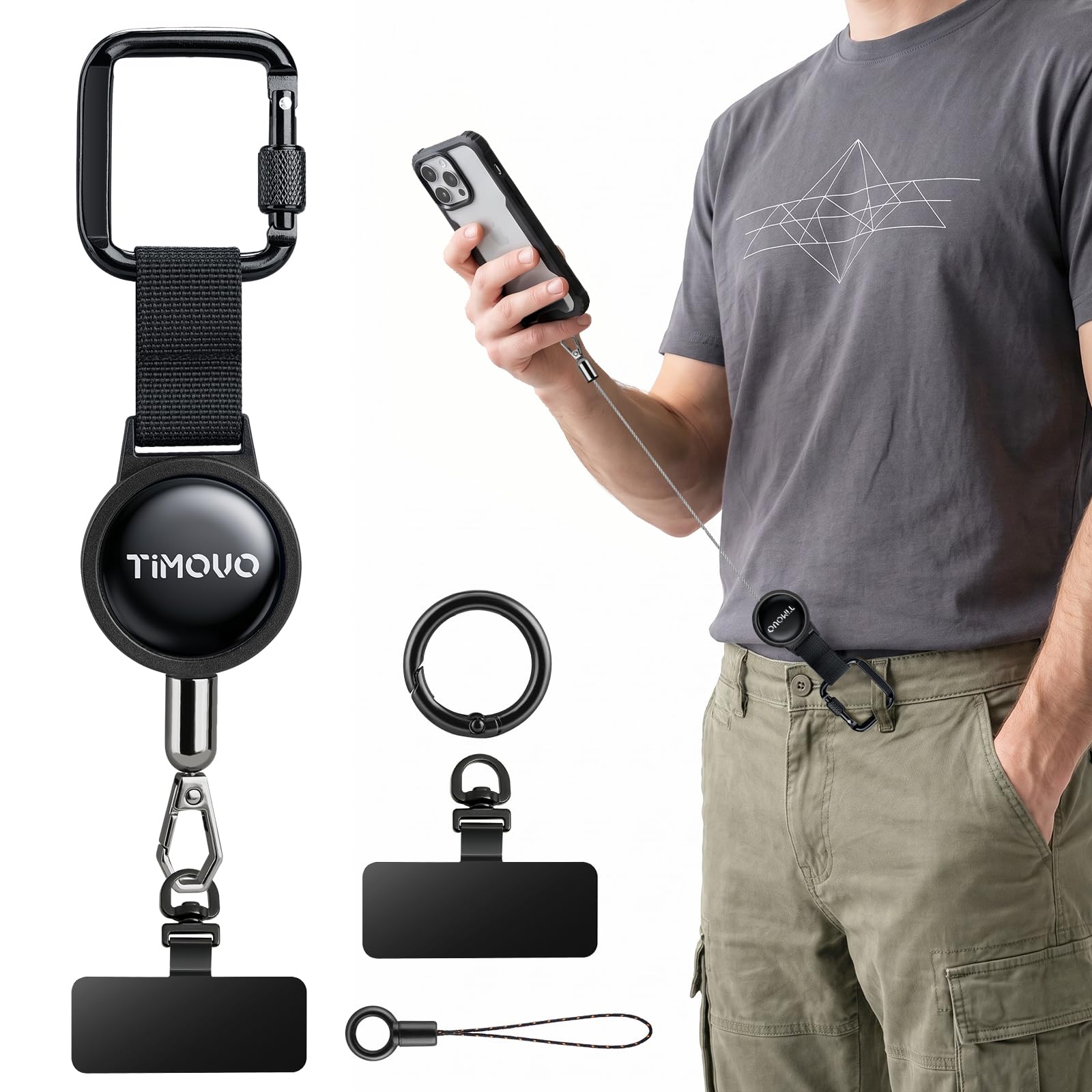 TiMOVO Anti-Theft Retractable Phone Tether Steel Wire, Black | Steel Line Phone Lanyard with Carabiner-Style Clip & Tether Tab, Universal Fit for Most Smartphone Cases