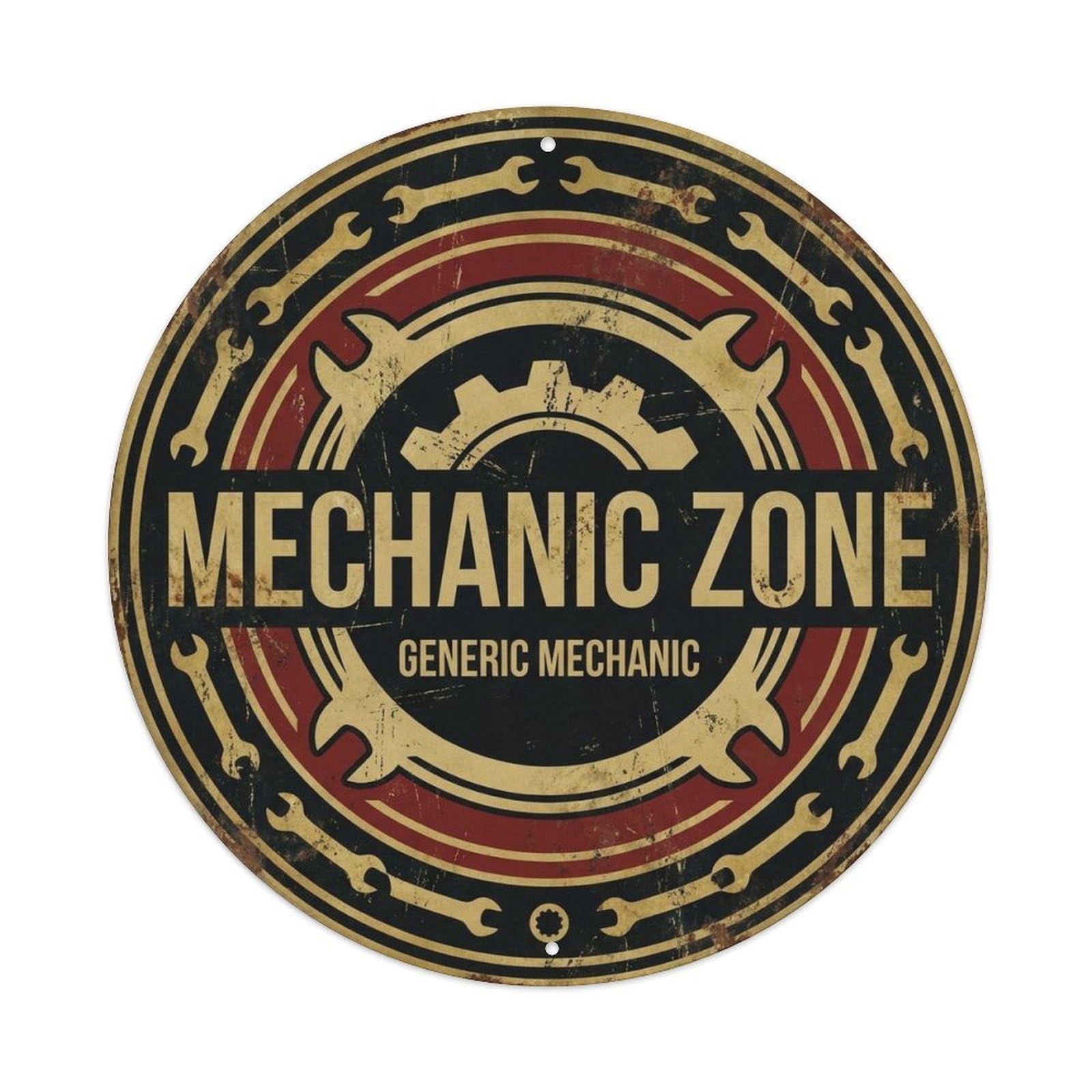 Mechanic Zone Tool Culture Retro Badge Old School Garage Workshop Metal Tin Sign Plaque Wall Decor for Cafe, Man Cave, Club Bar, Office, Home Garden Round Metal Poster 8x8Inch