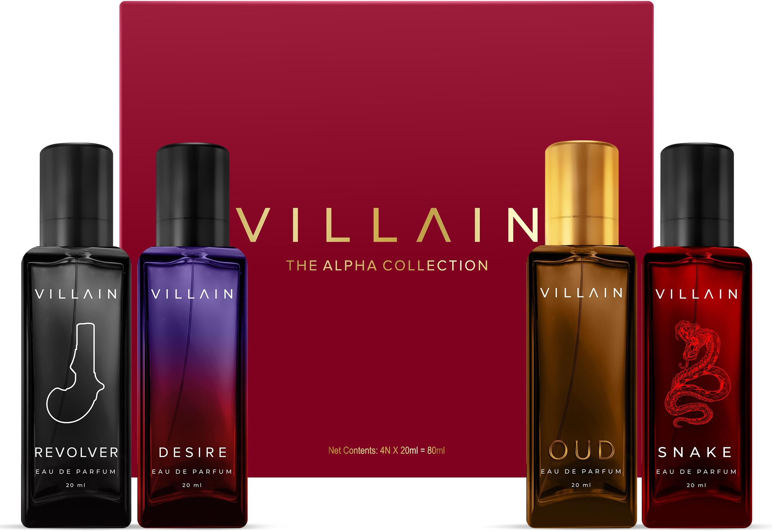Villain The Alpha Collection Perfume For Man | Long Lasting Smell, 4 x 20ml, Revolver, Desire, Oud, Snake | Scent For All Day Masculine Fragrance | Eau De Parfum for Christmas, Wedding Gift for Men