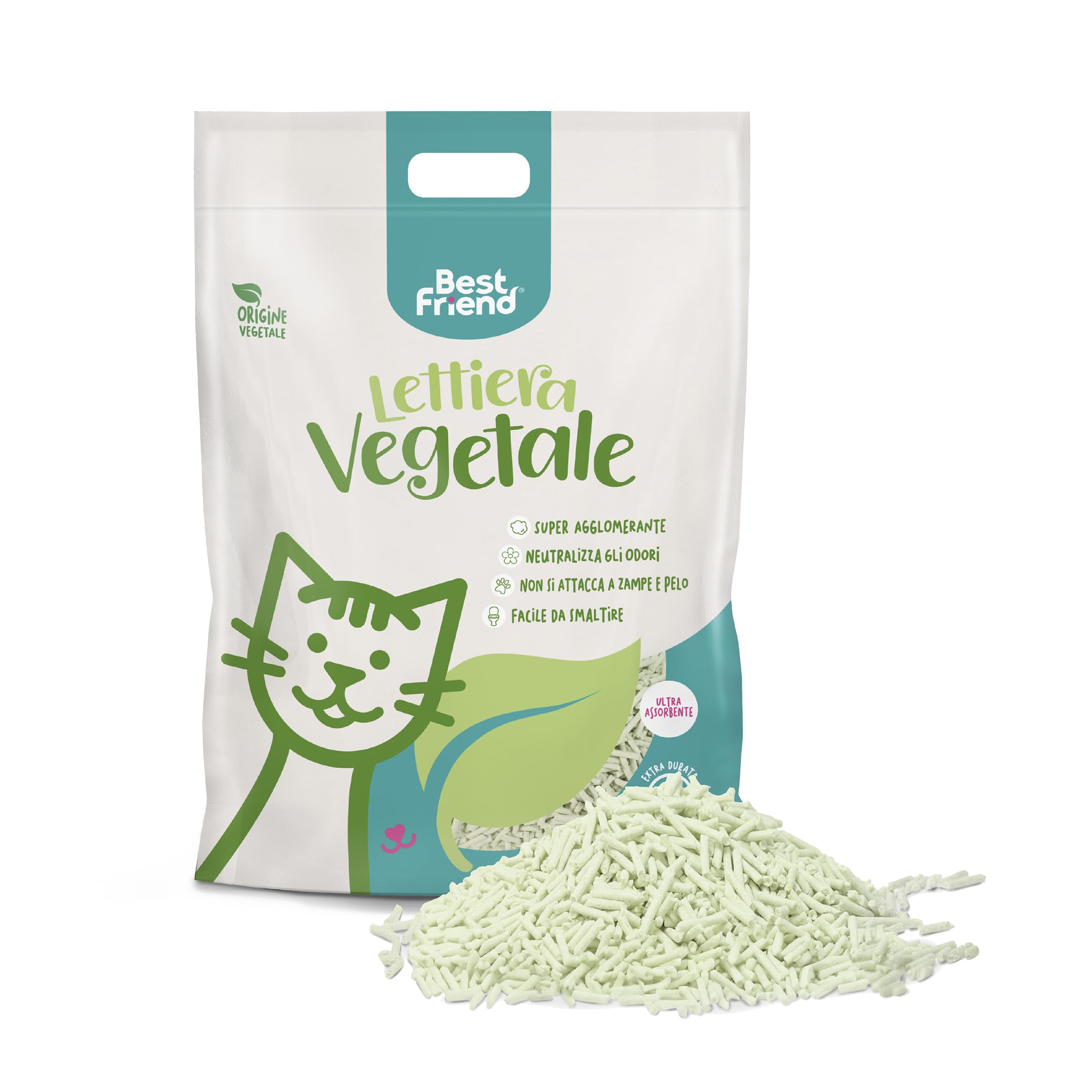 Best Friend - Lettiera Vegetale per Gatti da 5L di lunga durata. Sabbia Naturale e Super Agglomerante. Smaltibile nell'organico o nel WC. Neutralizza gli odori e non si attacca a zampe e pelo, 6 pezzi