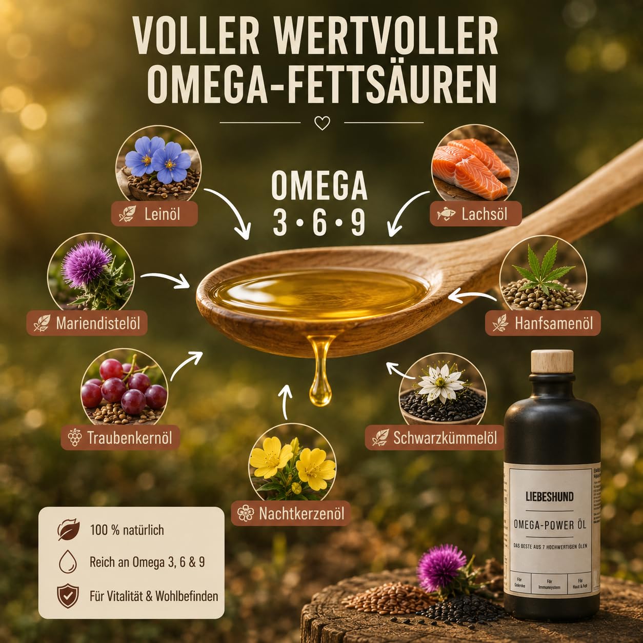 LIEBESHUND Omega-Power Hundeöl 500ml – Premium Barf Öl mit 7 Ölen für Hunde – Lachsöl, Leinöl, Hanföl, Schwarzkümmelöl – Omega 3-6-9 für Haut, Fell, Gelenke & Immunsystem - In Steinzeugflasche