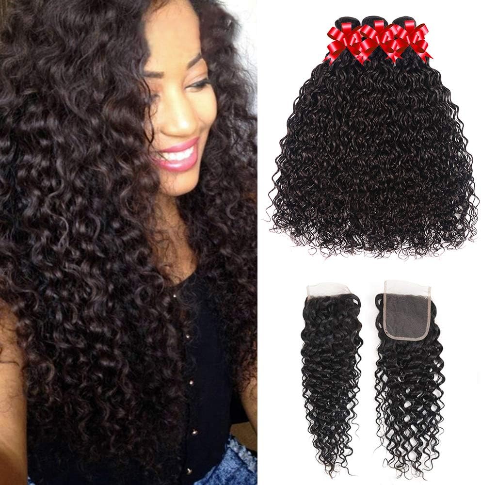 Water Wave Bundles with Closure Brazilian Hair 3 Bundles with 4x4 Lace Closure 100% Unprocessed Virgin Human Hair Wet and Wavy Hair Bundles Ocean Wave Bundles Human Hair Extension(16 18 20+14)