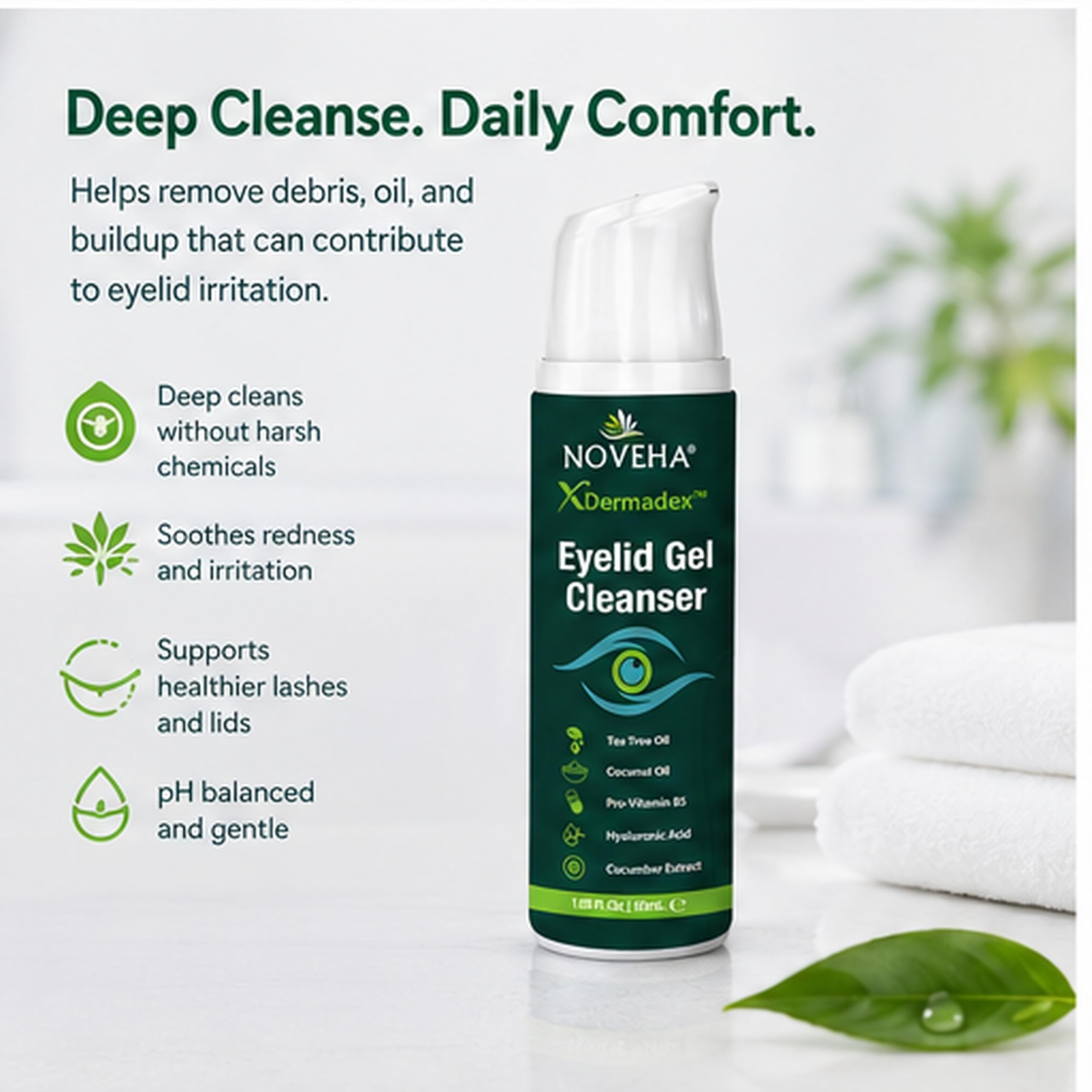 NOVEHA Demodex Gel Detergente Extra Forte per Palpebre - per Demodex, Mgd e Occhio Secco Con Pro-Vitamina B5, Olio di Tea Tree e Acido Ialuronico - Pulizia Morbida, Allevia Il Prurito Della Palpebra -