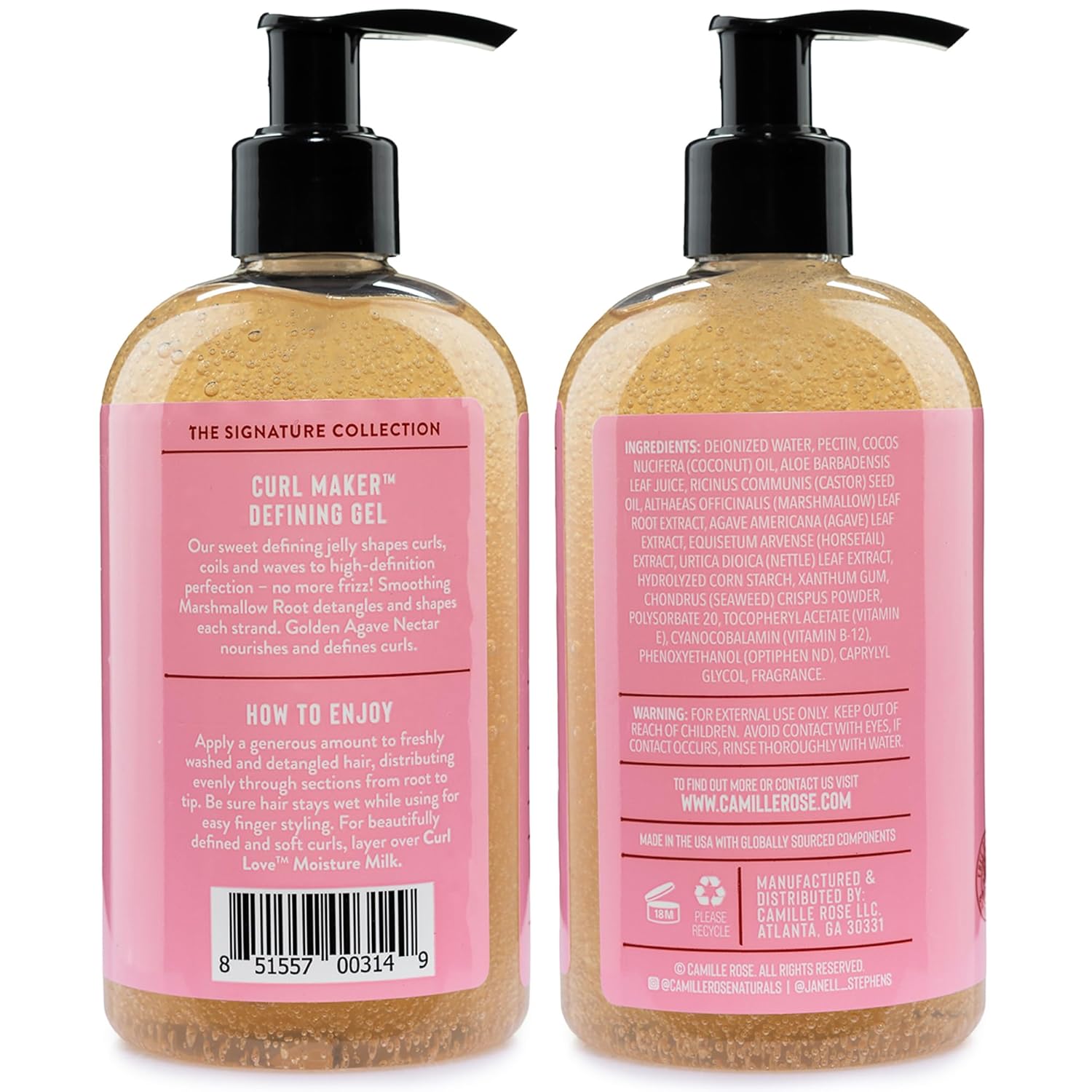 Camille Rose Curl Maker Defining Gel, Soft Hold 2-Pack – Textured, Curly Hair Moisture, Detangler, Frizz Control with Nourishing Botanicals, 12 Fl Oz