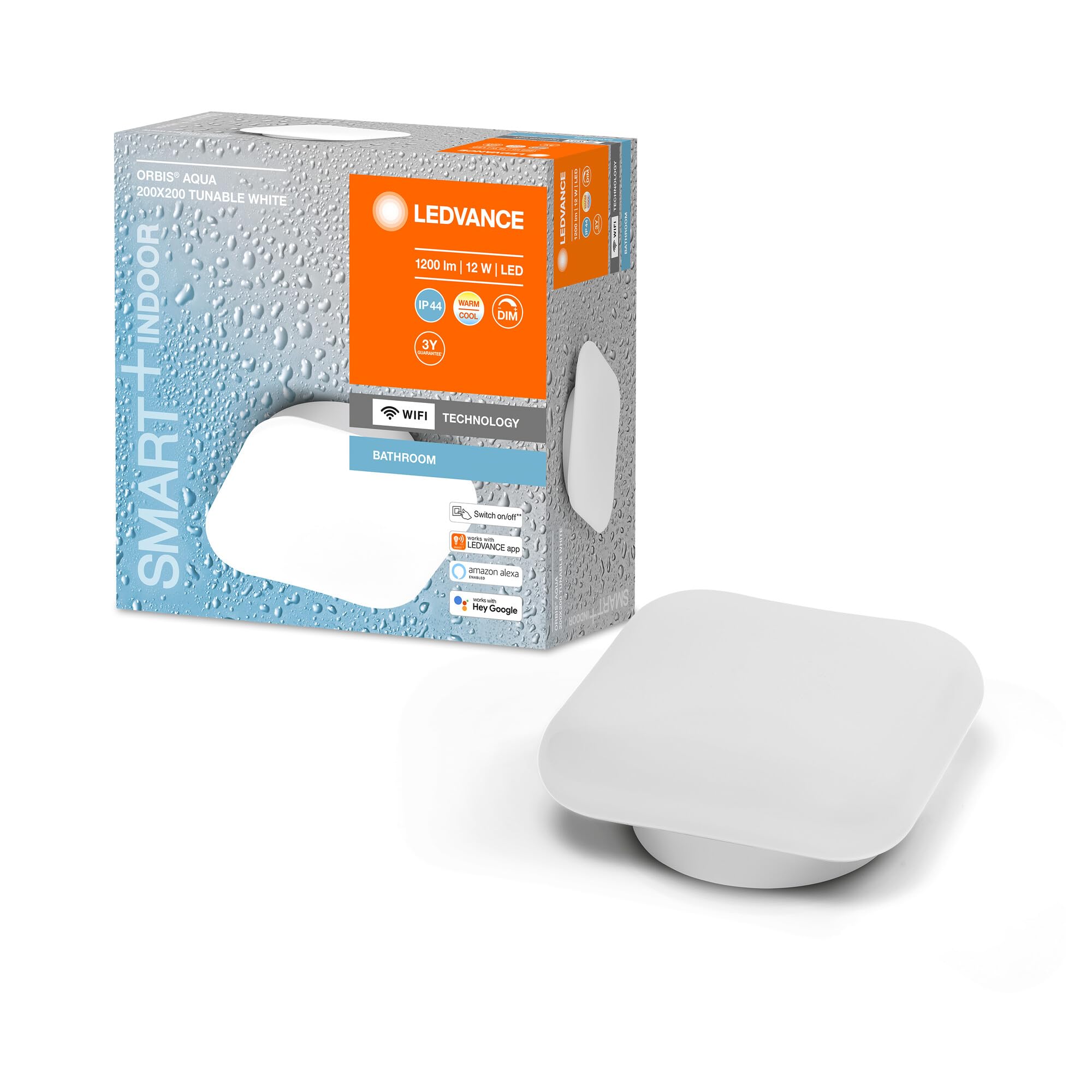 LEDVANCE Smart LED Ceiling Light, White, 1200LM, 3000-6500K, 200mm X 200mm, IP44, Orbis Aqua Wall Light, Wall Light with WiFi Technology, Dimmable, Controllable Via App and Voice Assistant,