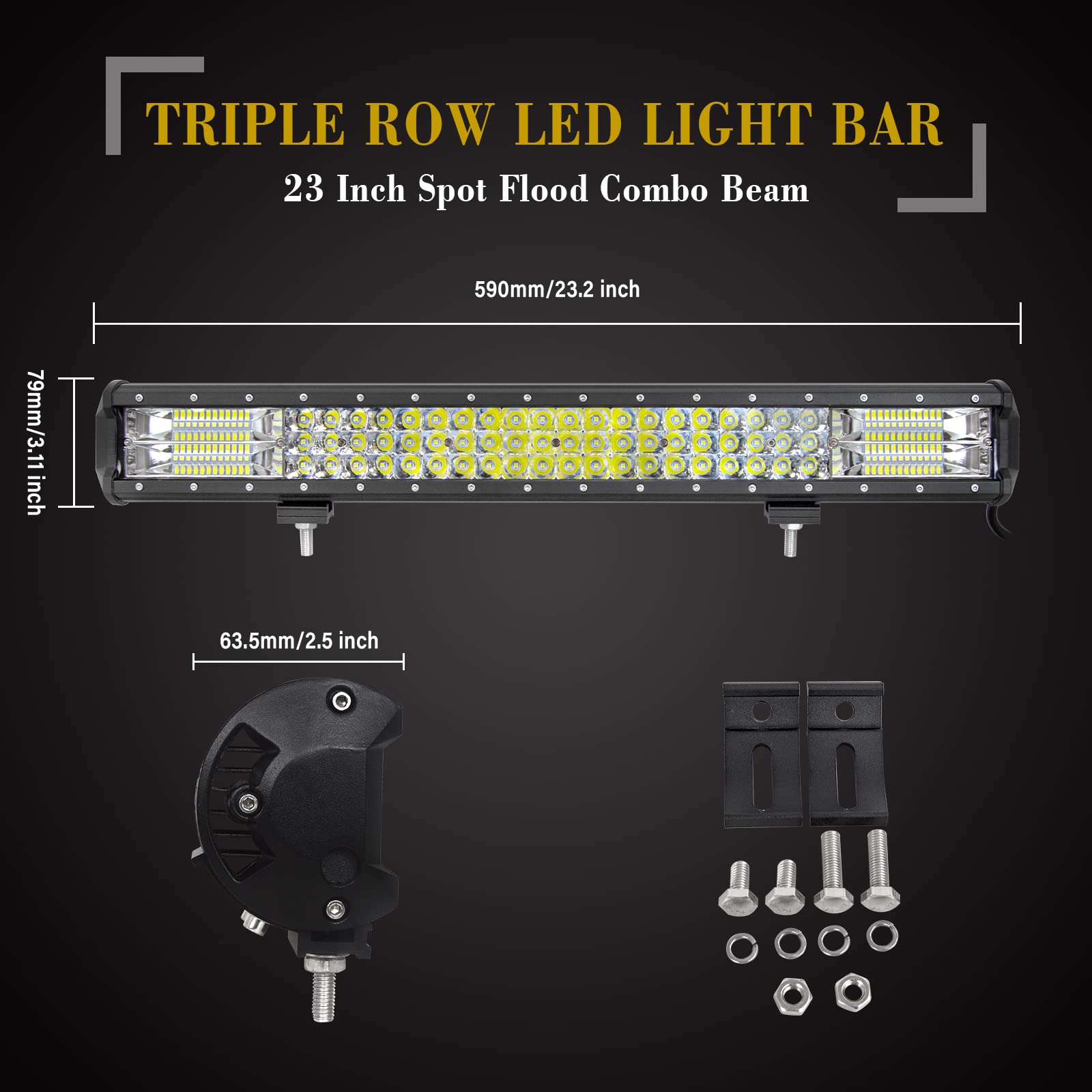 RIGIDON 23" 59cm 324W Impermeable Barra Led con 12V Arnés de Cableado, Soporte de Matrícula Coche Aluminio Número Placa, Triple Fila Barras de luz Led para 4x4 Off Road Camión Coche SUV
