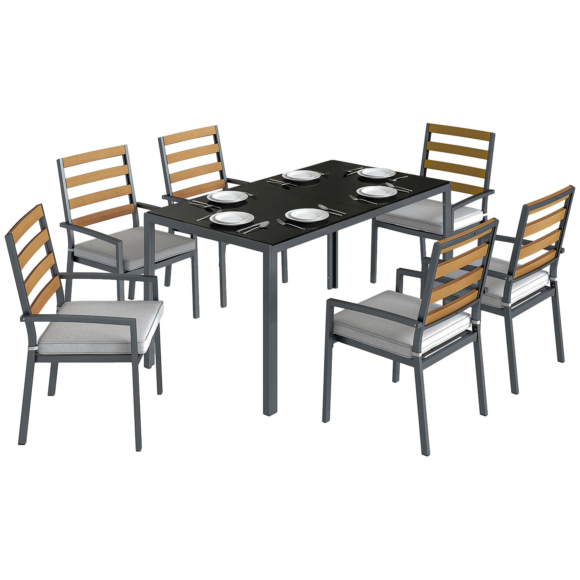 Outsunny Set Tavolo e Sedie da Giardino 7 Pezzi, Set Pranzo Esterno con Tavolo da Giardino Rettangolare in Vetro Temperato, 6 Sedie, Cuscini, Struttura Acciaio Zincato per Terrazza Balcone, Nero