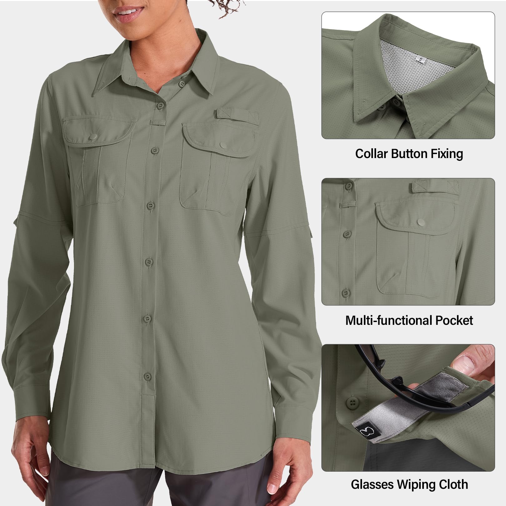Camisa de manga larga UPF 50 para mujer, diseño de safari, senderismo, pesca, protección UV rápida, con botones, camisa de viaje para jardinería