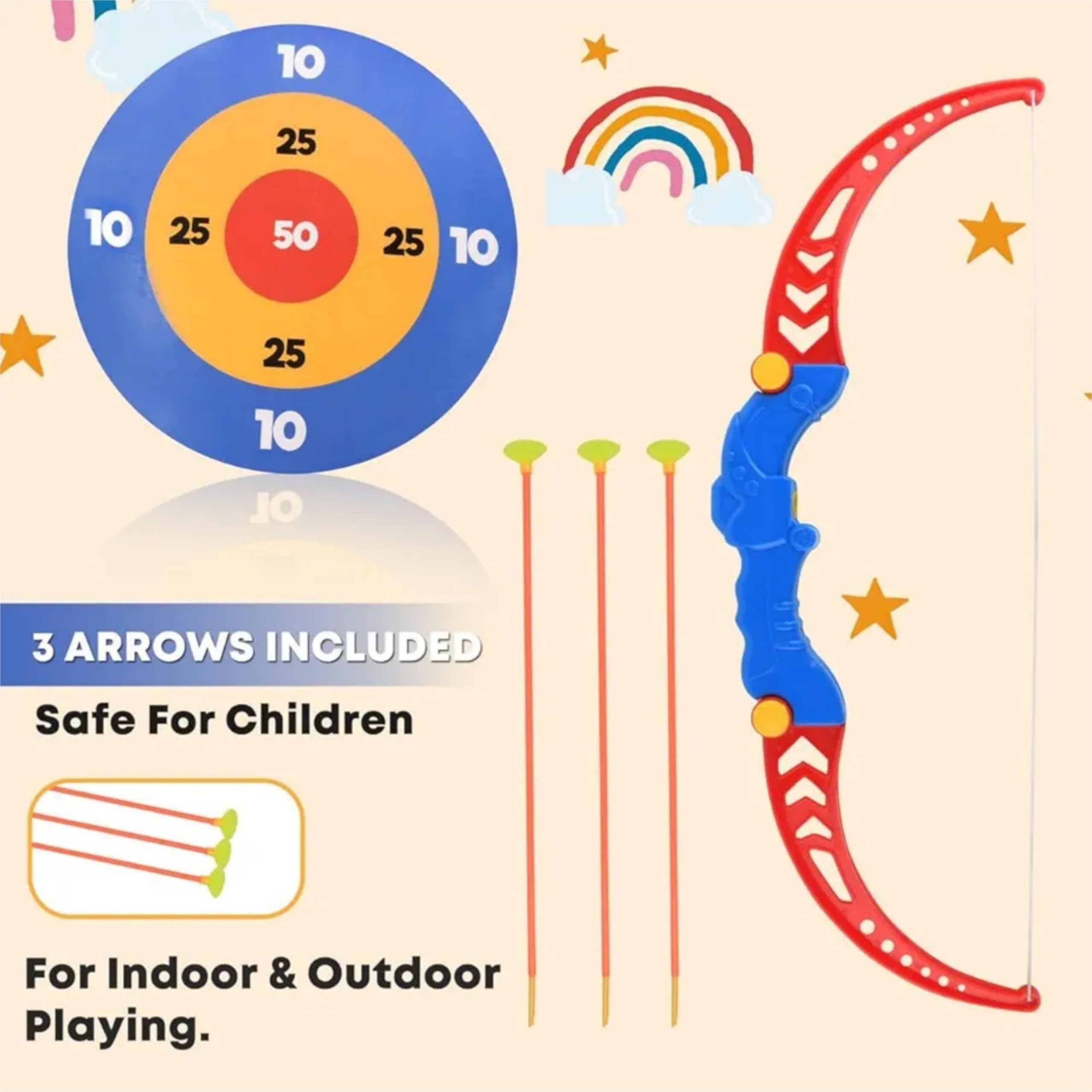 Fighter Kids Archery Bow and Arrow Set with Target Board, 3 Suction Cup Arrows, Orange and Blue Pack of 1 3