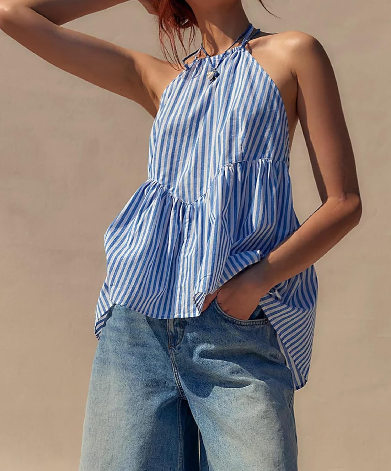 NUFIWI Sexy Stripe Peplum Halter Top Sleeveless Open Back Striped Camisole Tie Neck Ruffled A Line Cami Tank Tops - Image 3