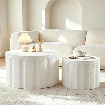 Round Nesting Coffee Table Set of 2 Modern Wood Circle Coffee Table White